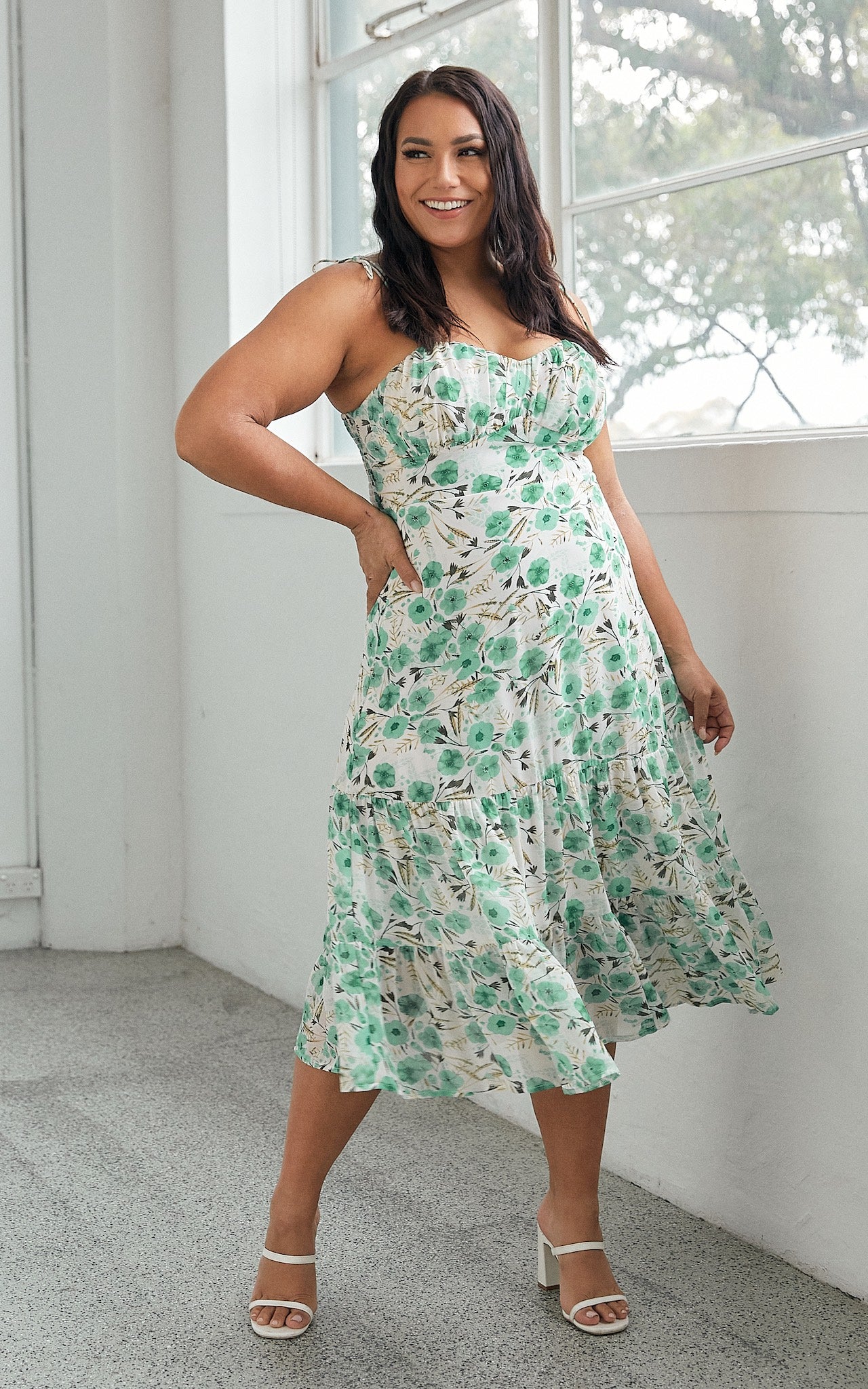 Mikaela Dress - White Green Floral