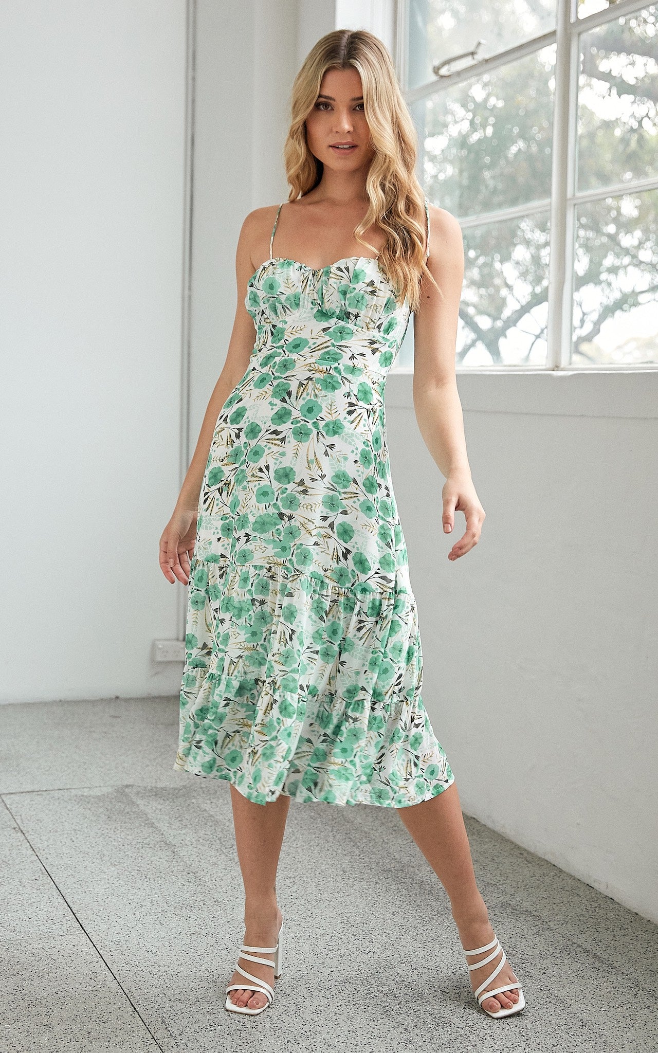 Mikaela Dress - White Green Floral