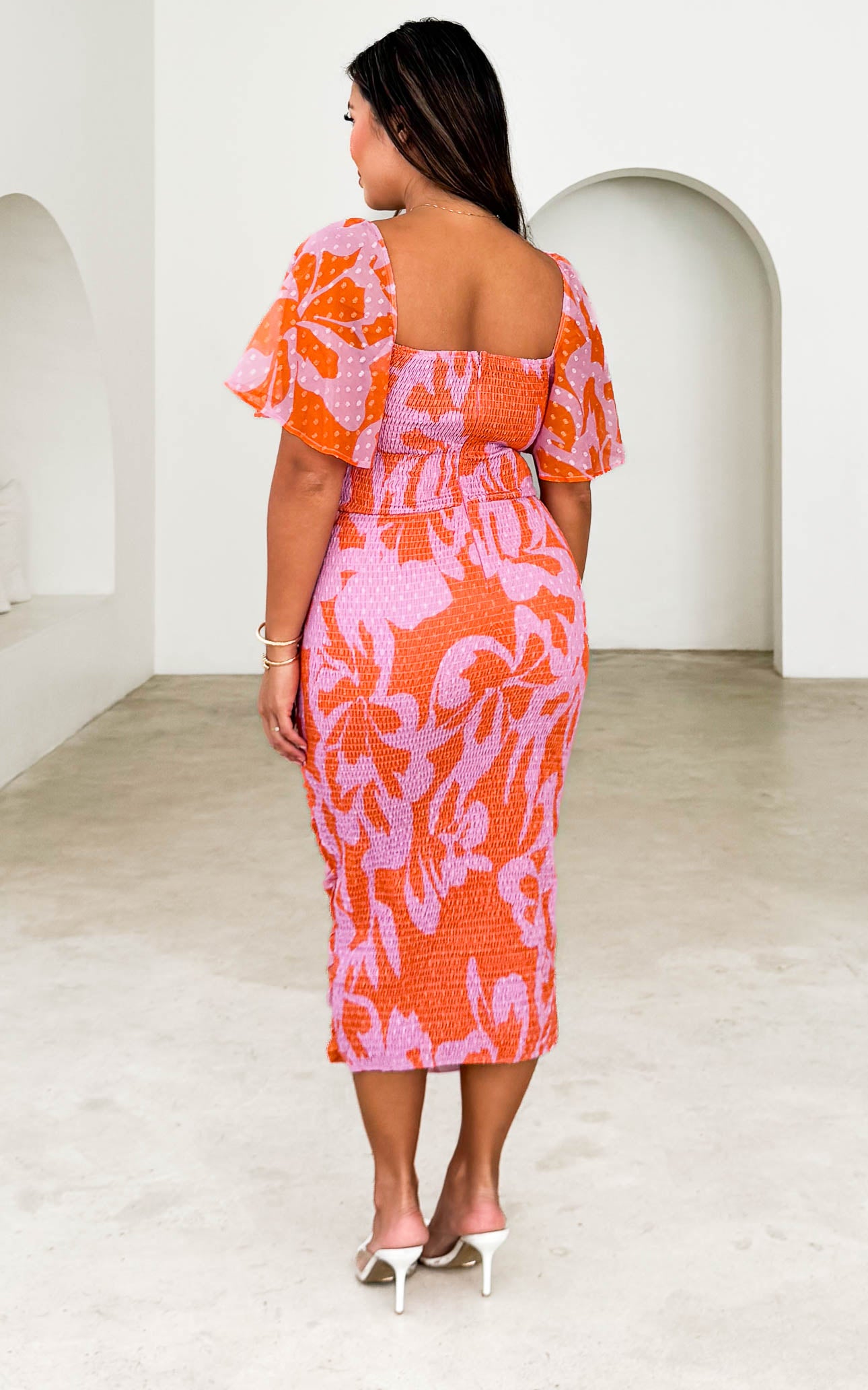 Miley Midi Dress - Orange Pink Print Texture