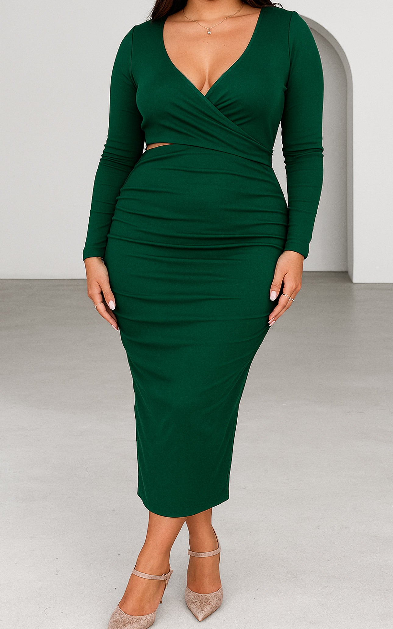 Mimi Long Sleeve Midi Dress - Emerald