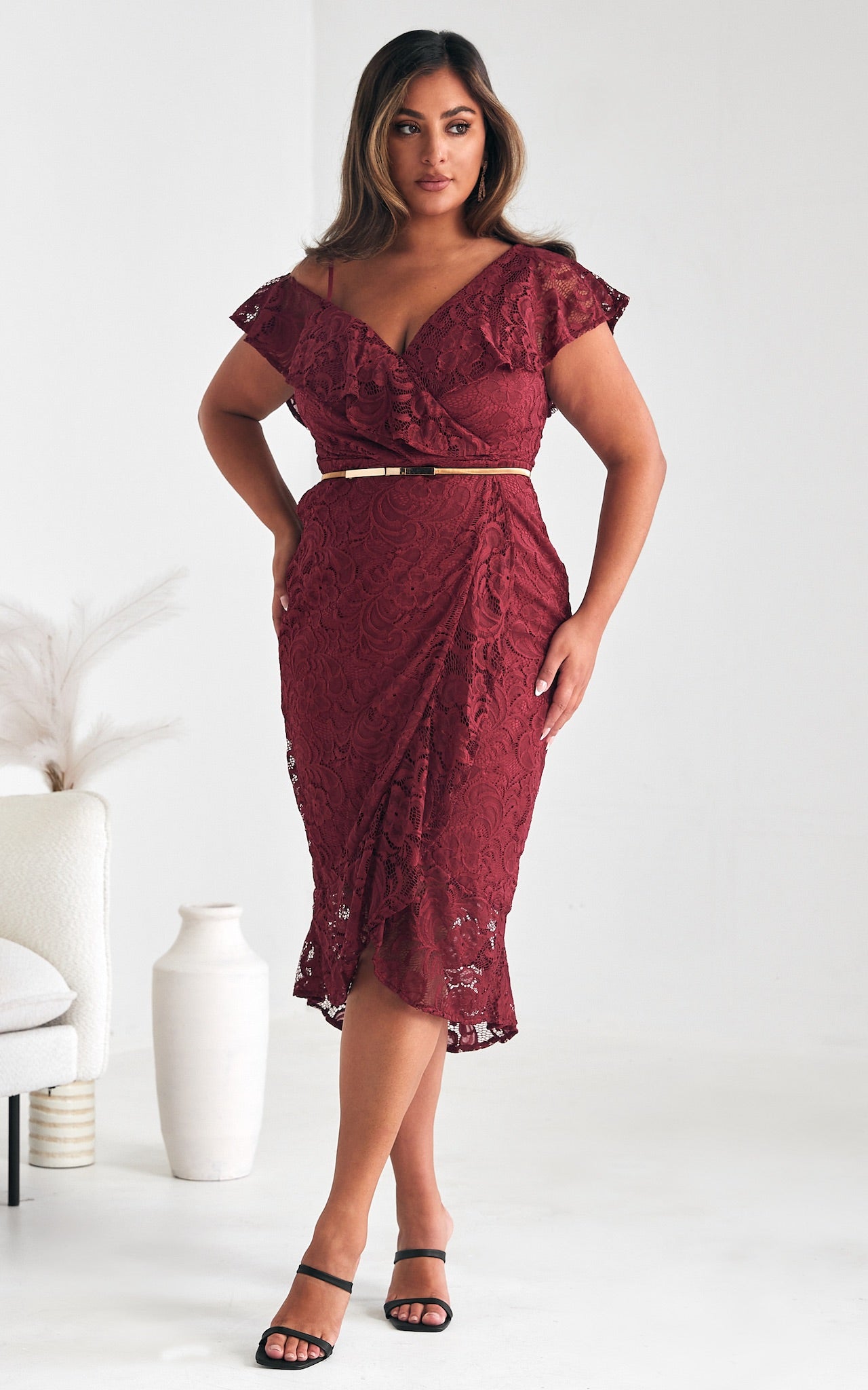 MON CHERIE V NECK ASYMMETRIC FRILL RUFFLE MIDI DRESS - WINE LACE By Amica MON CHERIE V NECK ASYMMETRIC FRILL RUFFLE MIDI DRESS - WINE LACE By Amica