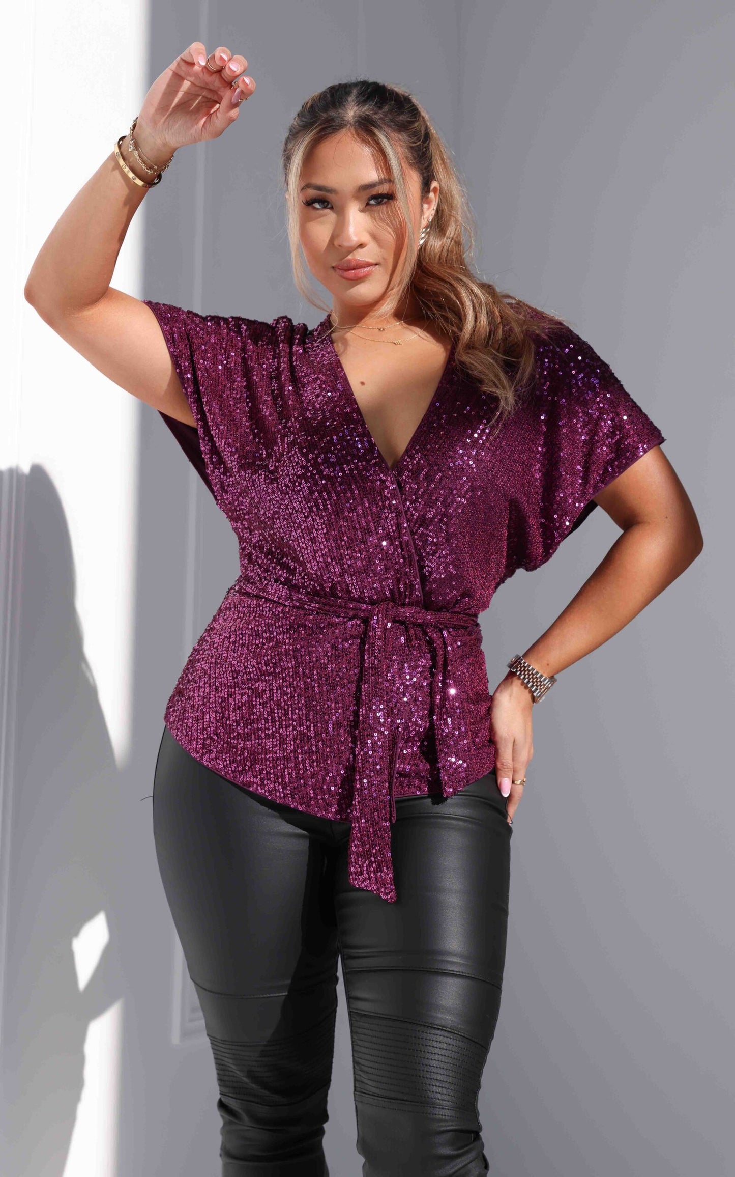 Monaco Sequin Wrap Top - Purple Plum