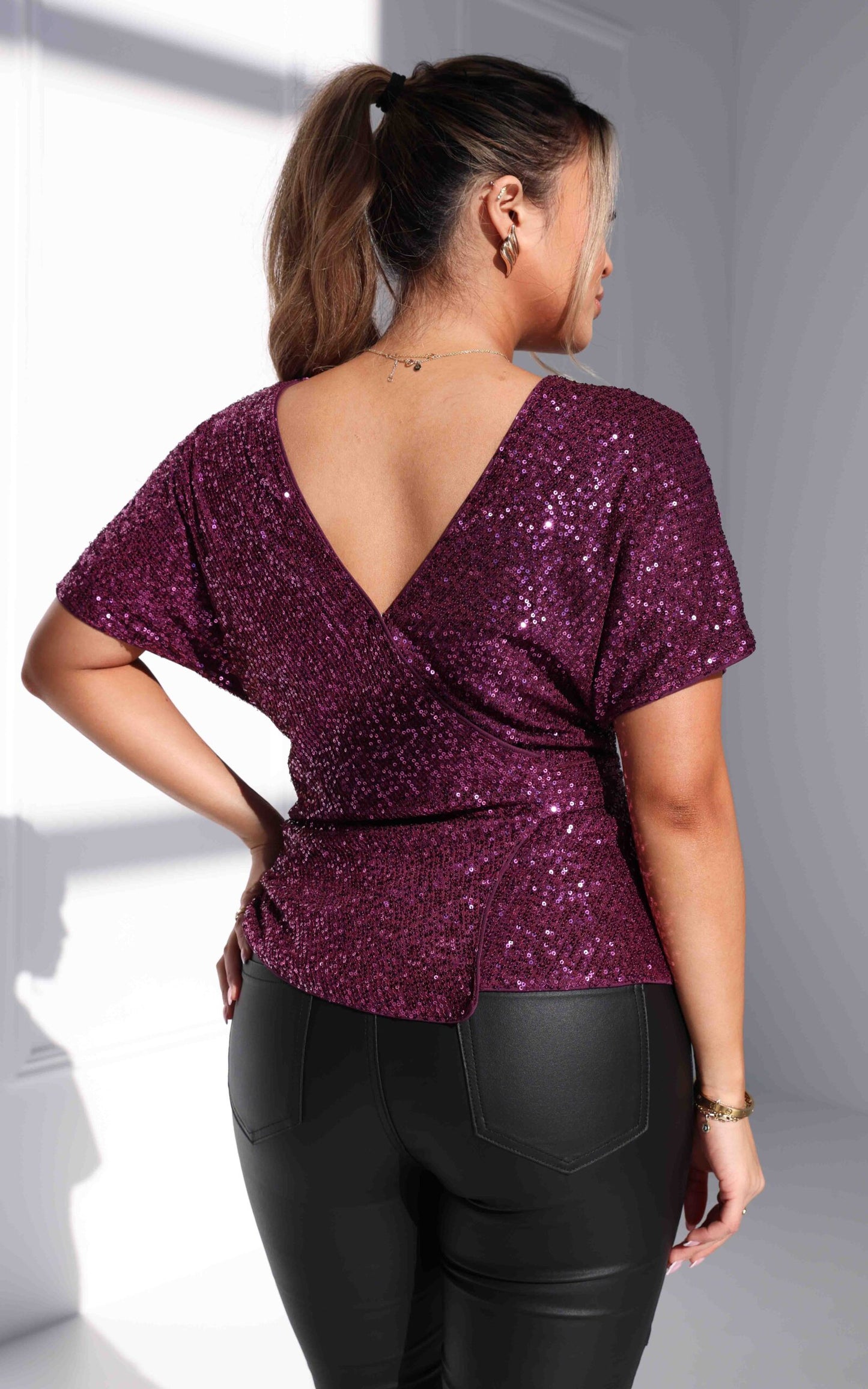 Monaco Sequin Wrap Top - Purple Plum