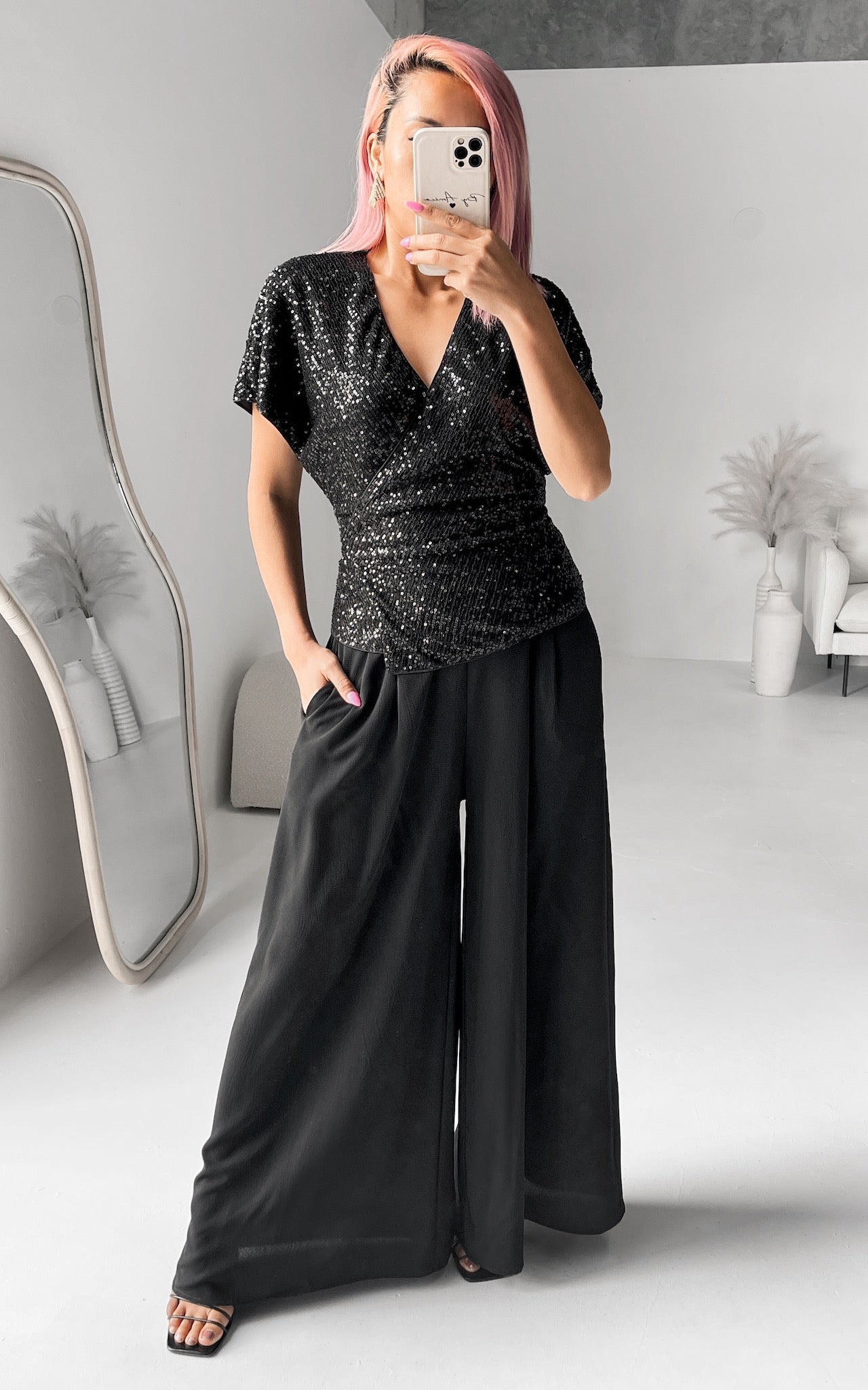 Monaco Sequin Wrap Top - Black