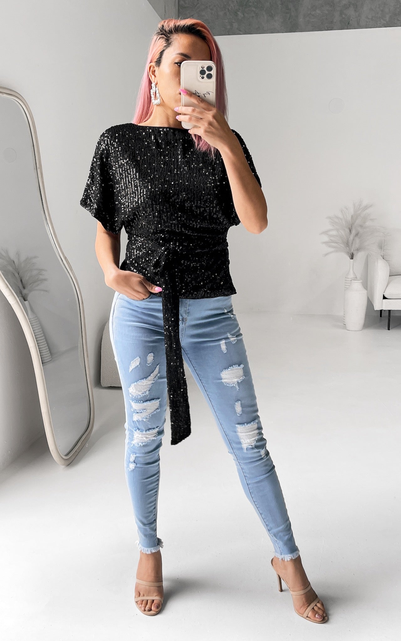 Monaco Sequin Wrap Top - Black