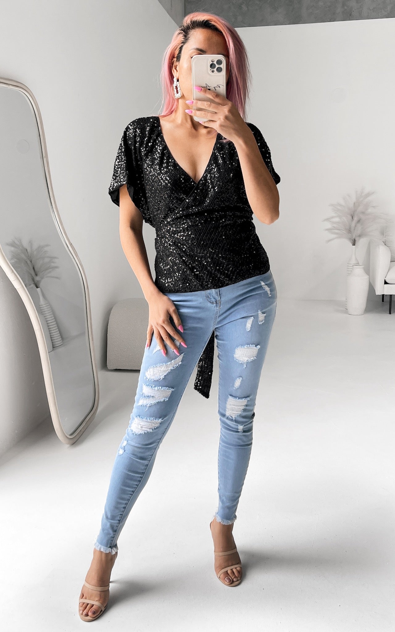 Monaco Sequin Wrap Top - Black