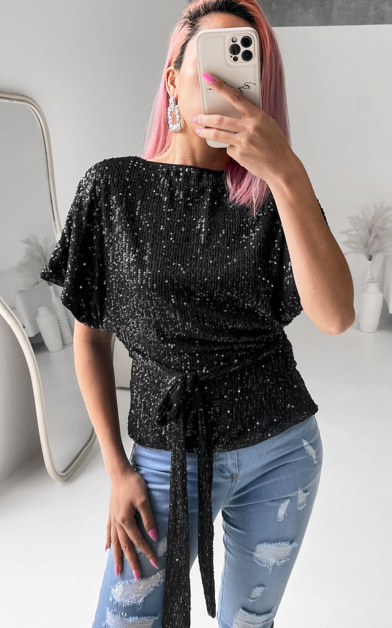 Monaco Sequin Wrap Top - Black