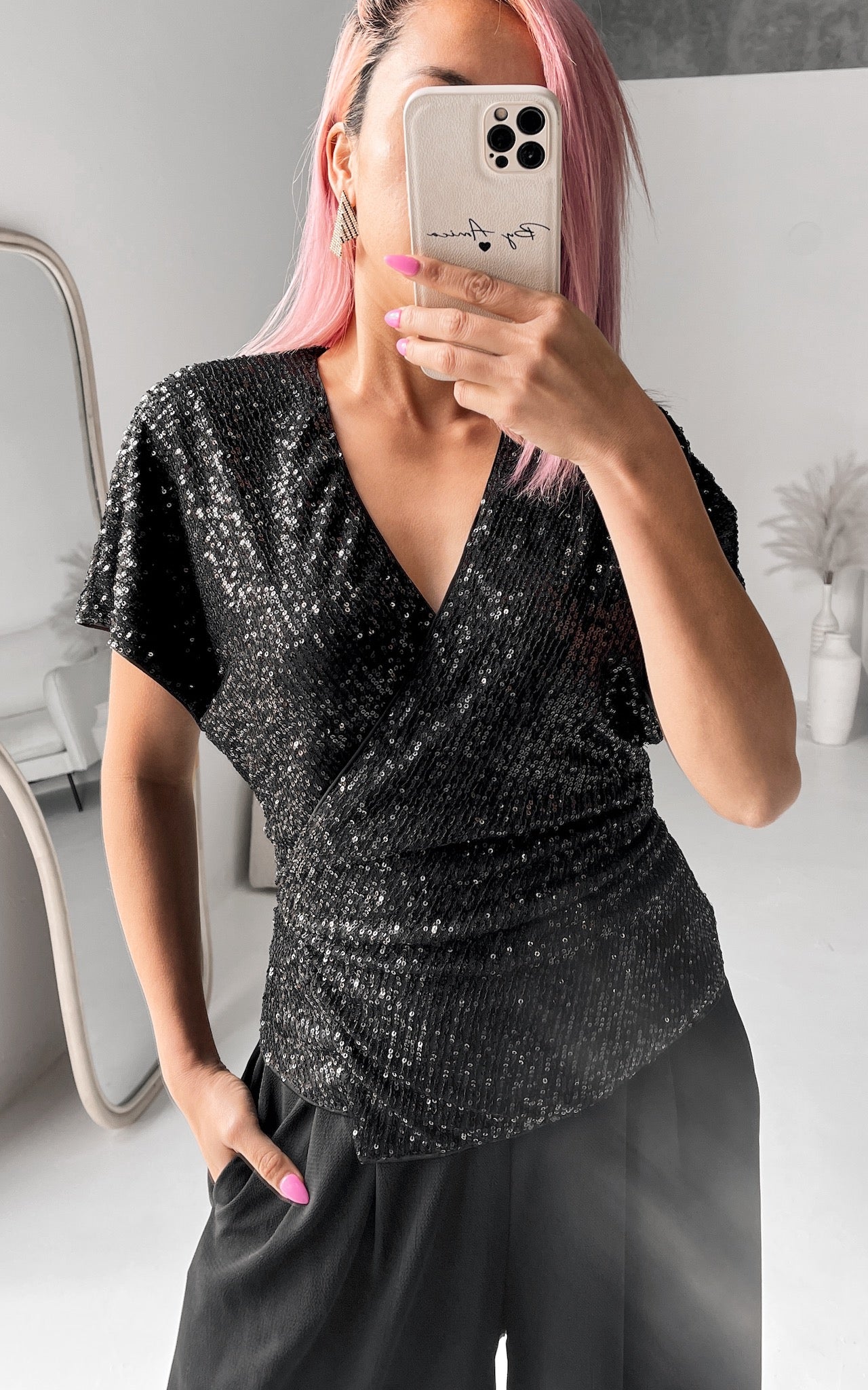 Monaco Sequin Wrap Top - Black