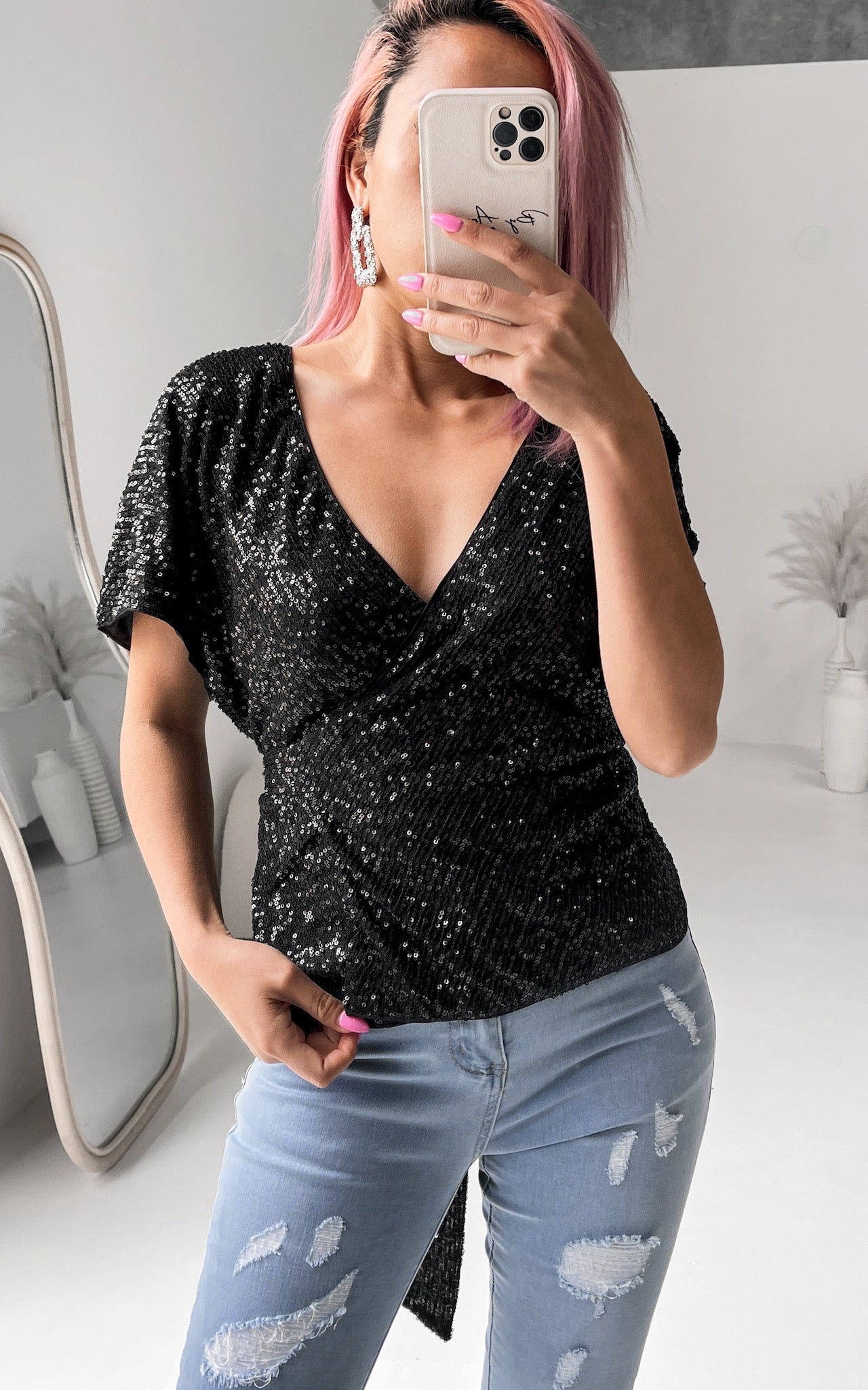 Monaco Sequin Wrap Top - Black