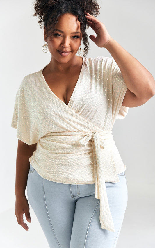 Monaco Sequin Wrap Top - Cream White