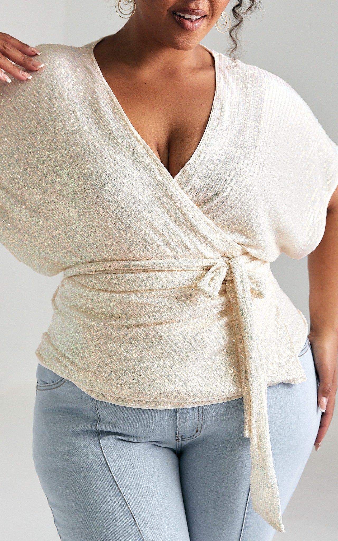 Monaco Sequin Wrap Top - Cream White