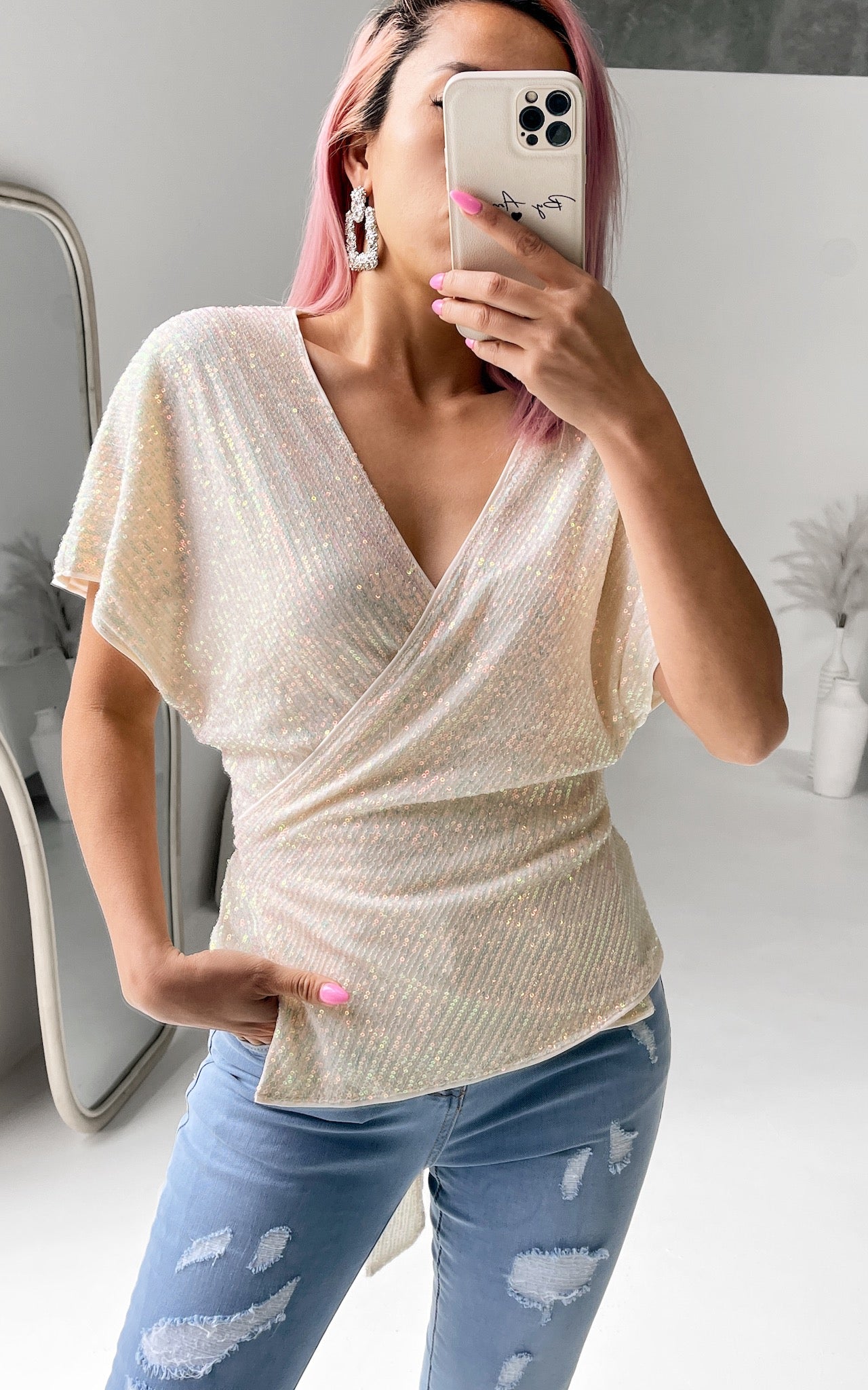 Monaco Sequin Wrap Top - Cream White