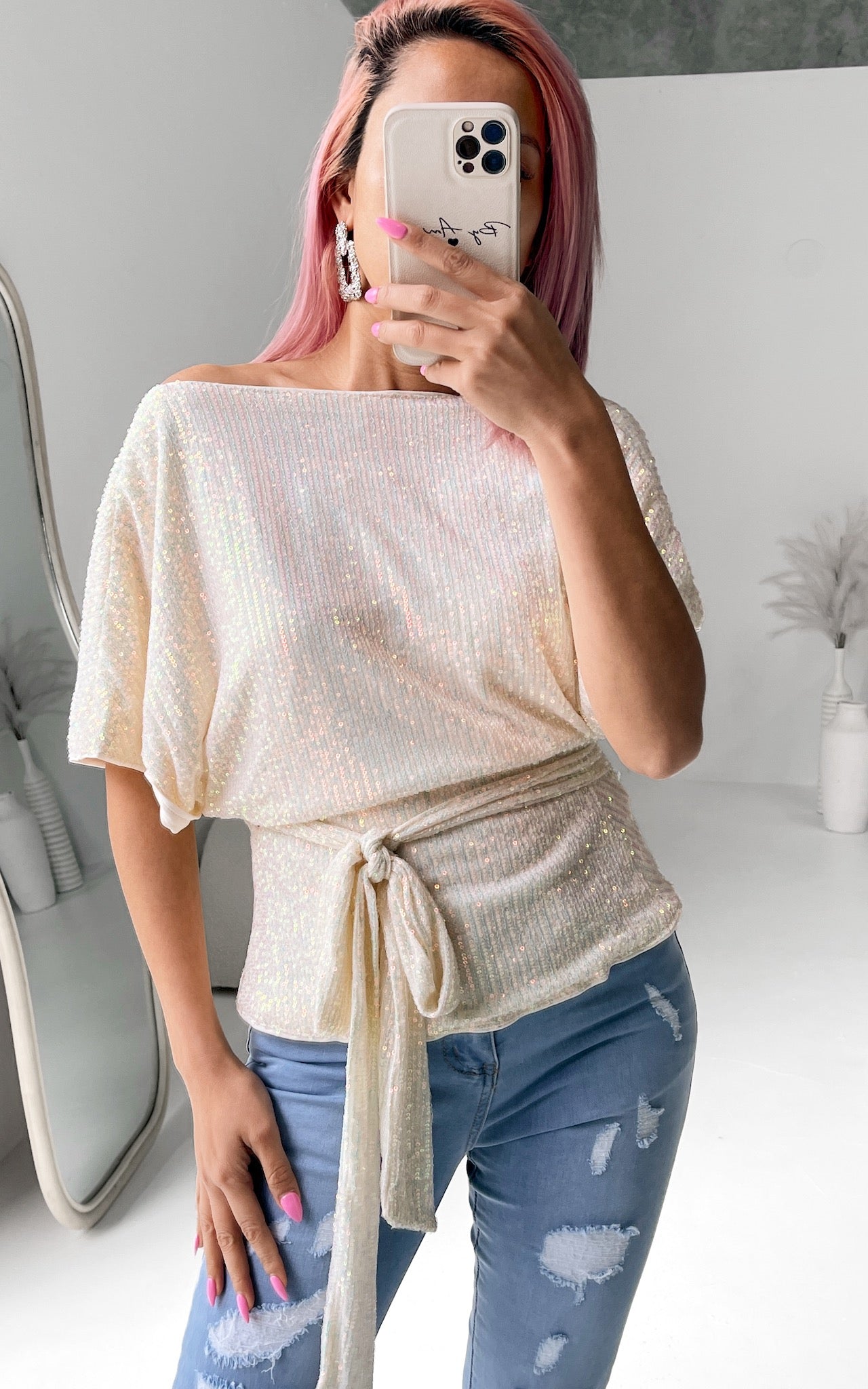 Monaco Sequin Wrap Top - Cream White