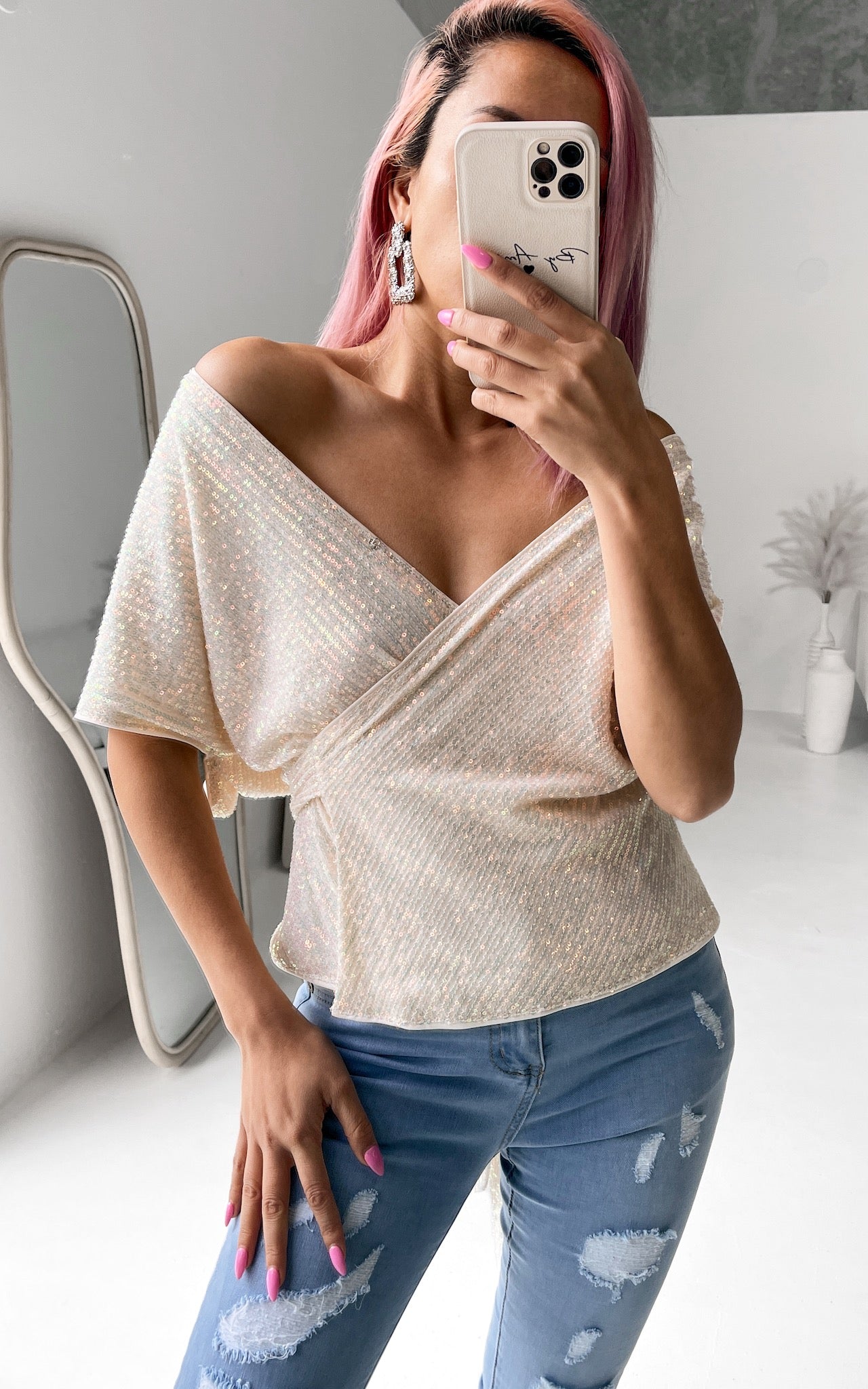 Monaco Sequin Wrap Top - Cream White