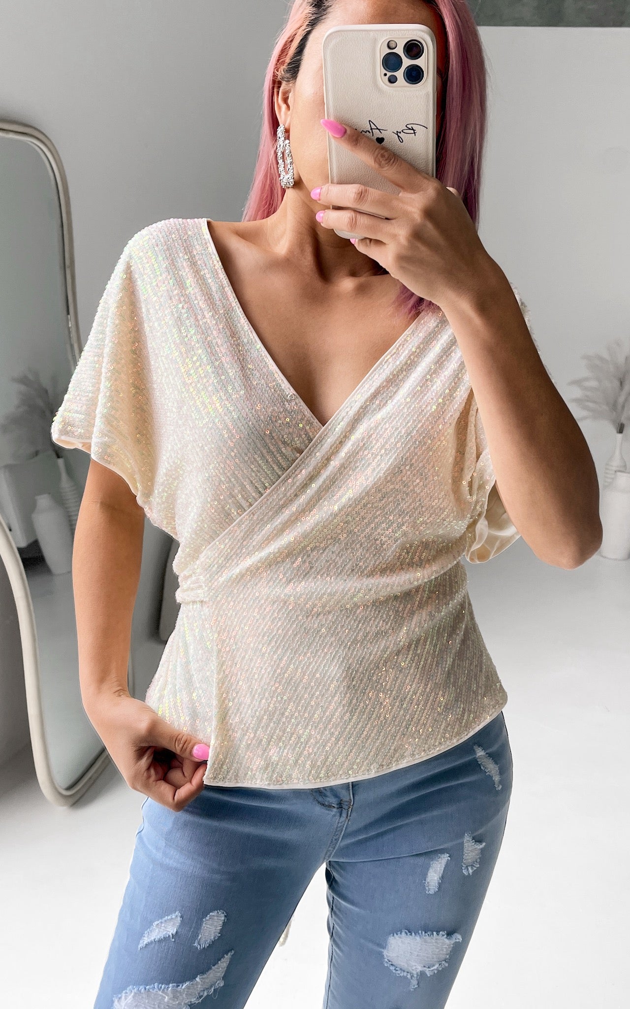 Monaco Sequin Wrap Top - Cream White