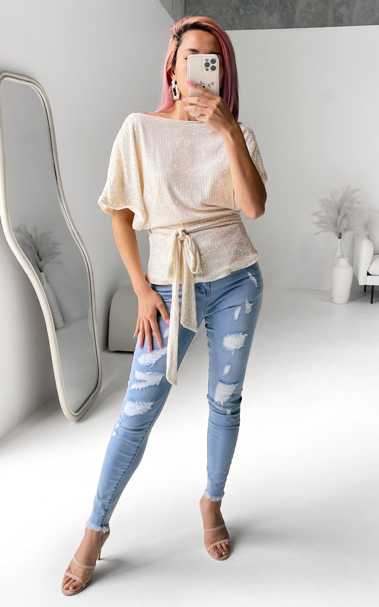 Monaco Sequin Wrap Top - Cream White