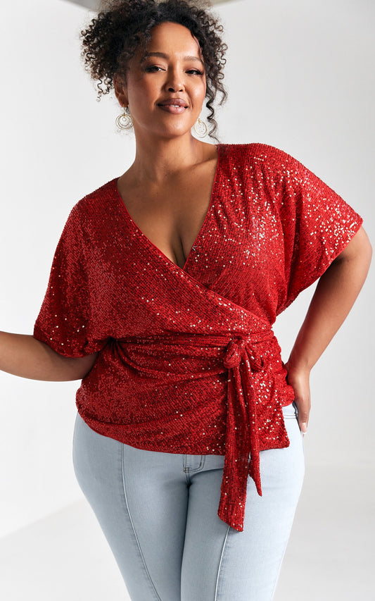 Monaco Sequin Wrap Top - Red