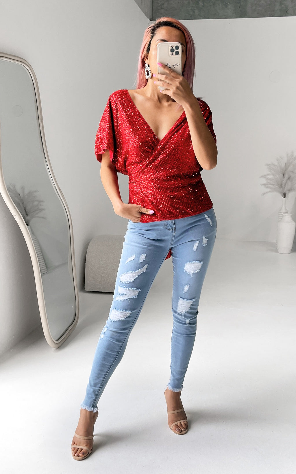 Monaco Sequin Wrap Top - Red