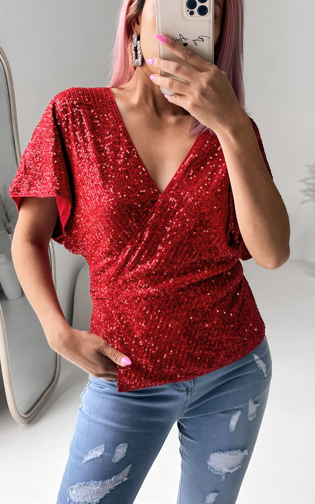 Monaco Sequin Wrap Top - Red