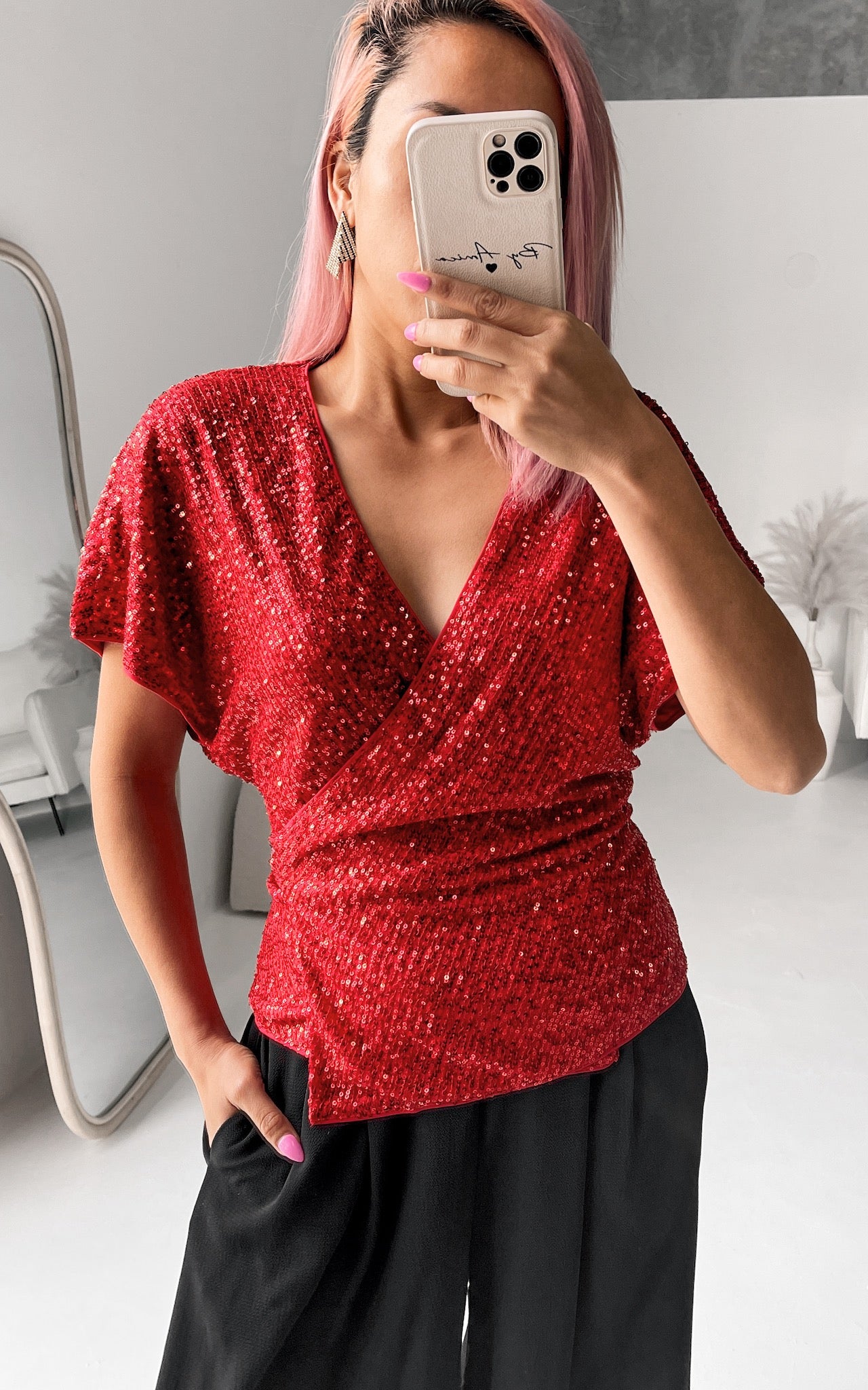 Monaco Sequin Wrap Top - Red