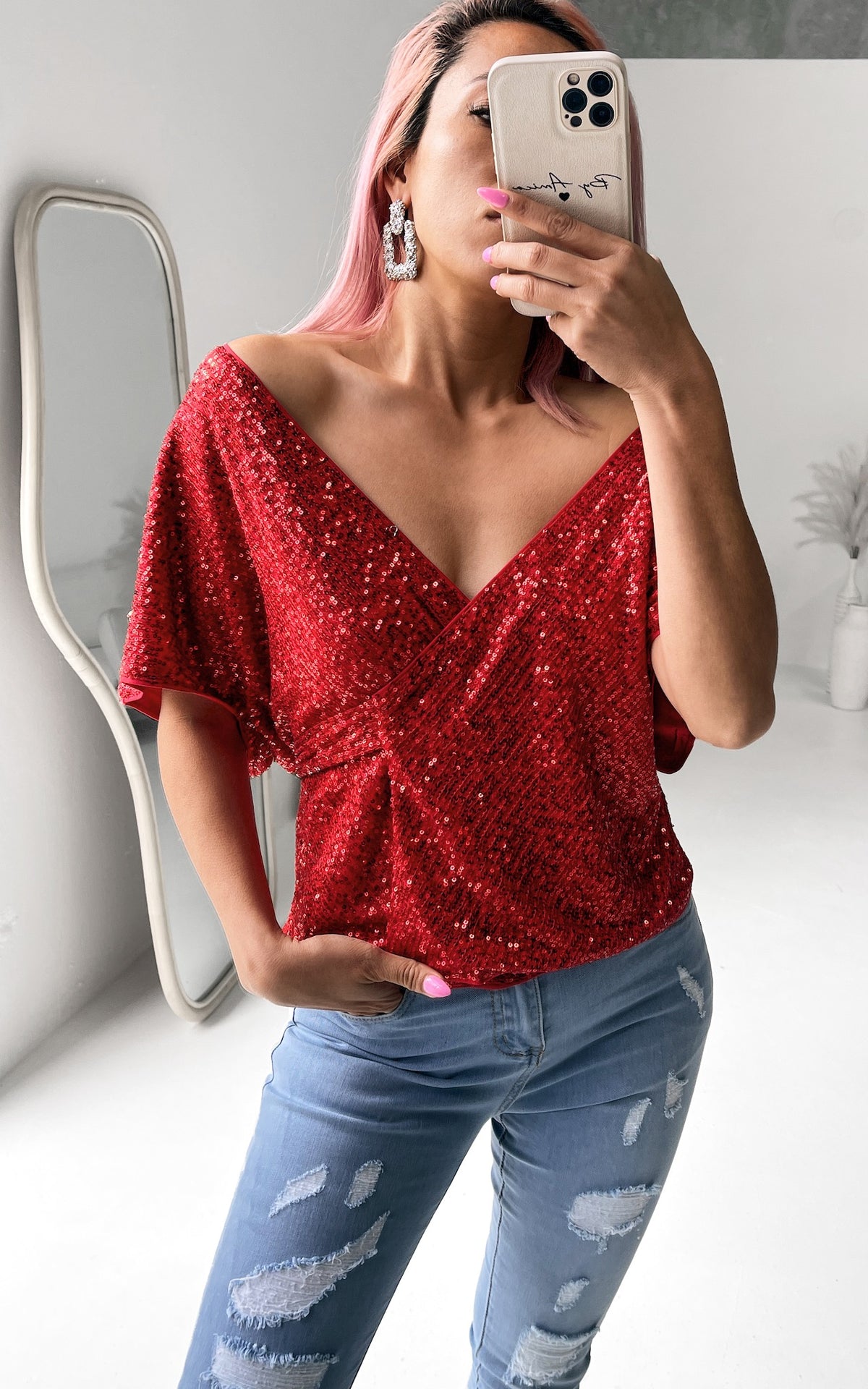 Monaco Sequin Wrap Top - Red