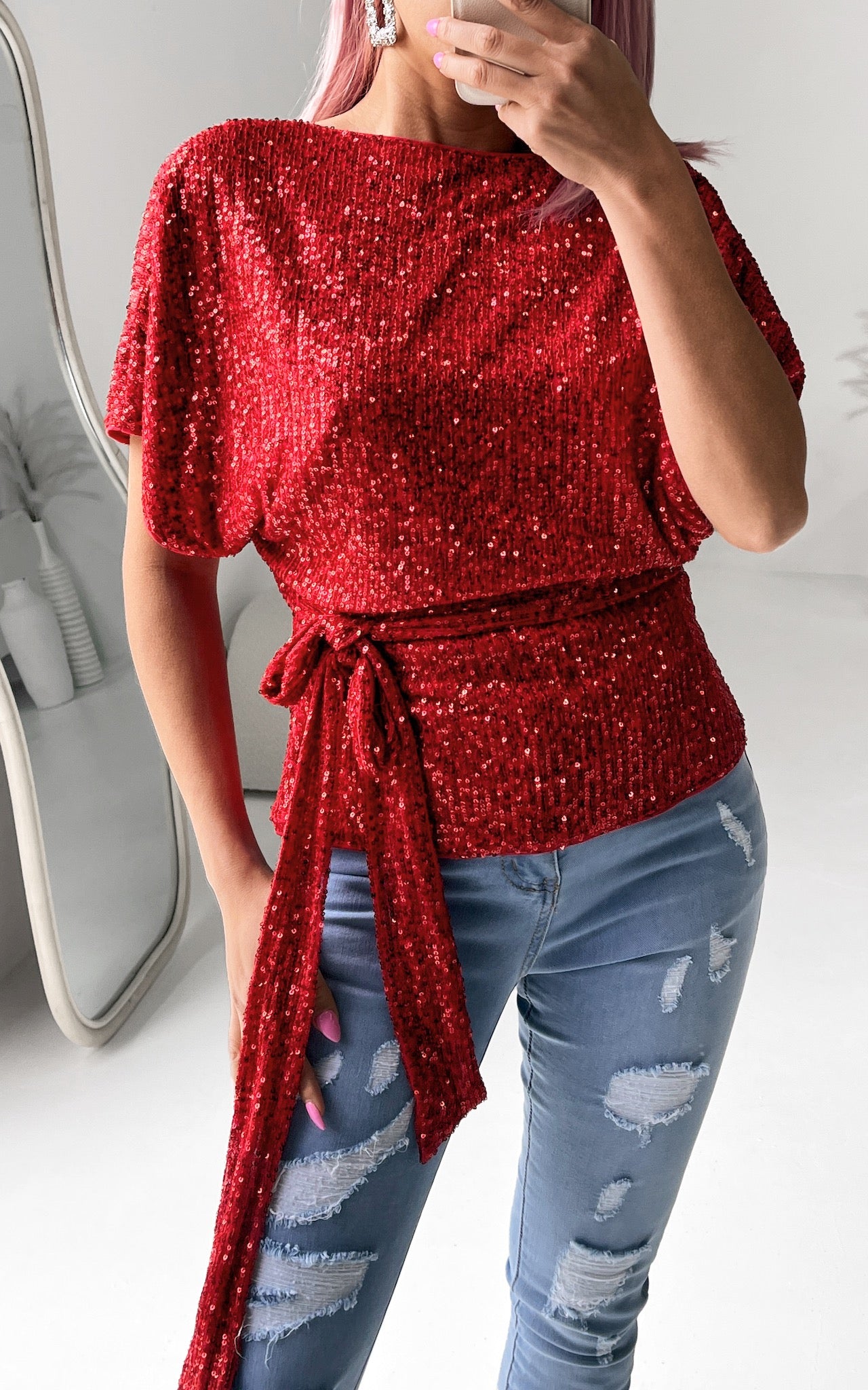 Monaco Sequin Wrap Top - Red