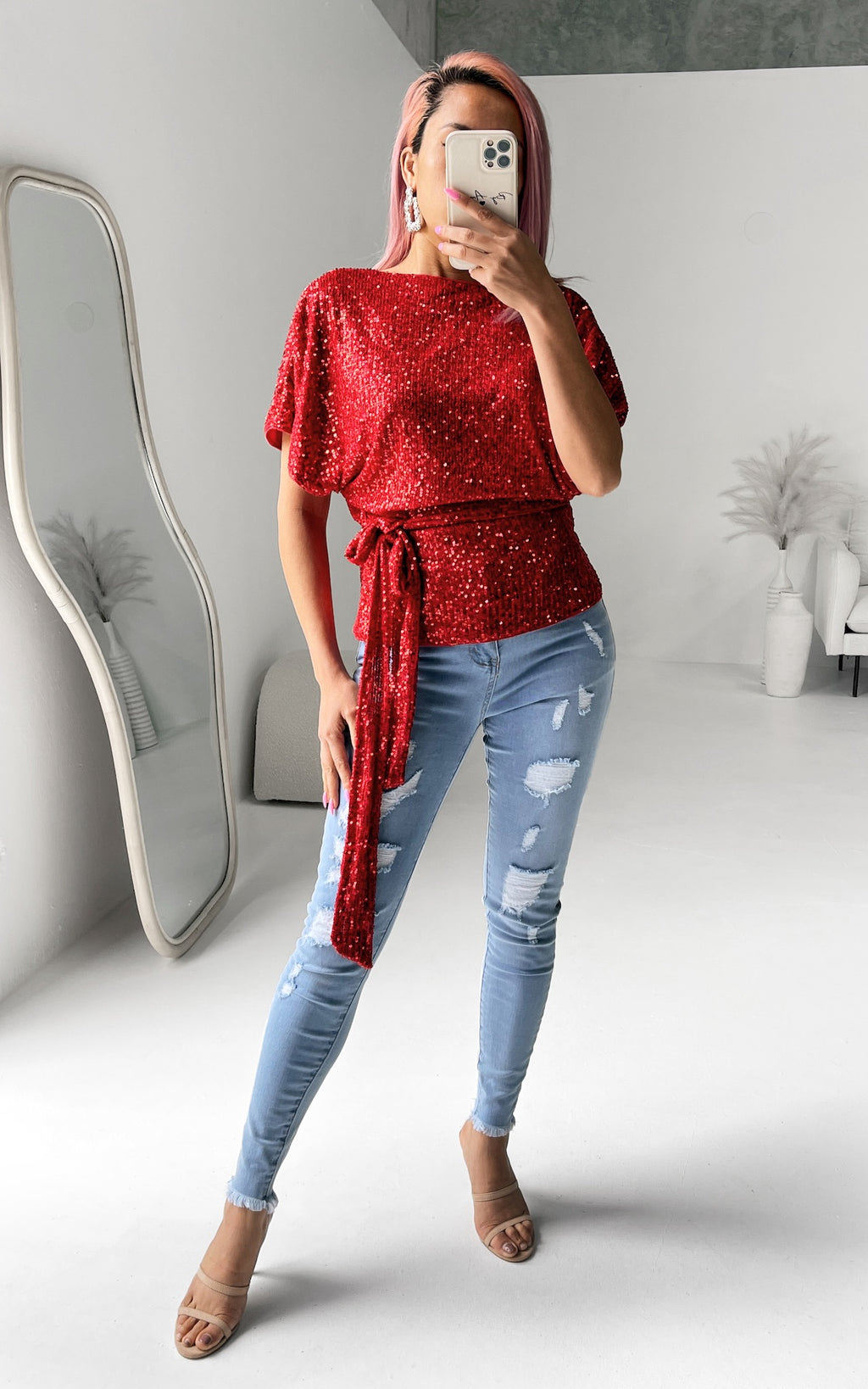 Monaco Sequin Wrap Top - Red
