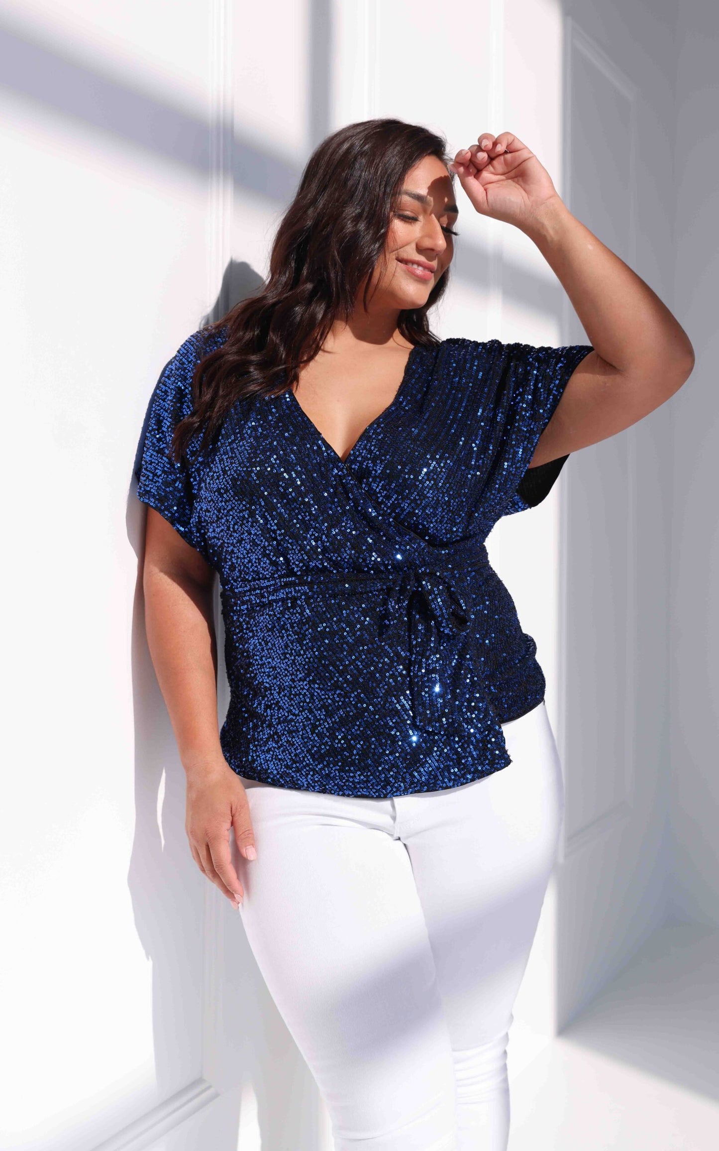 Monaco Sequin Wrap Top - Blue Black