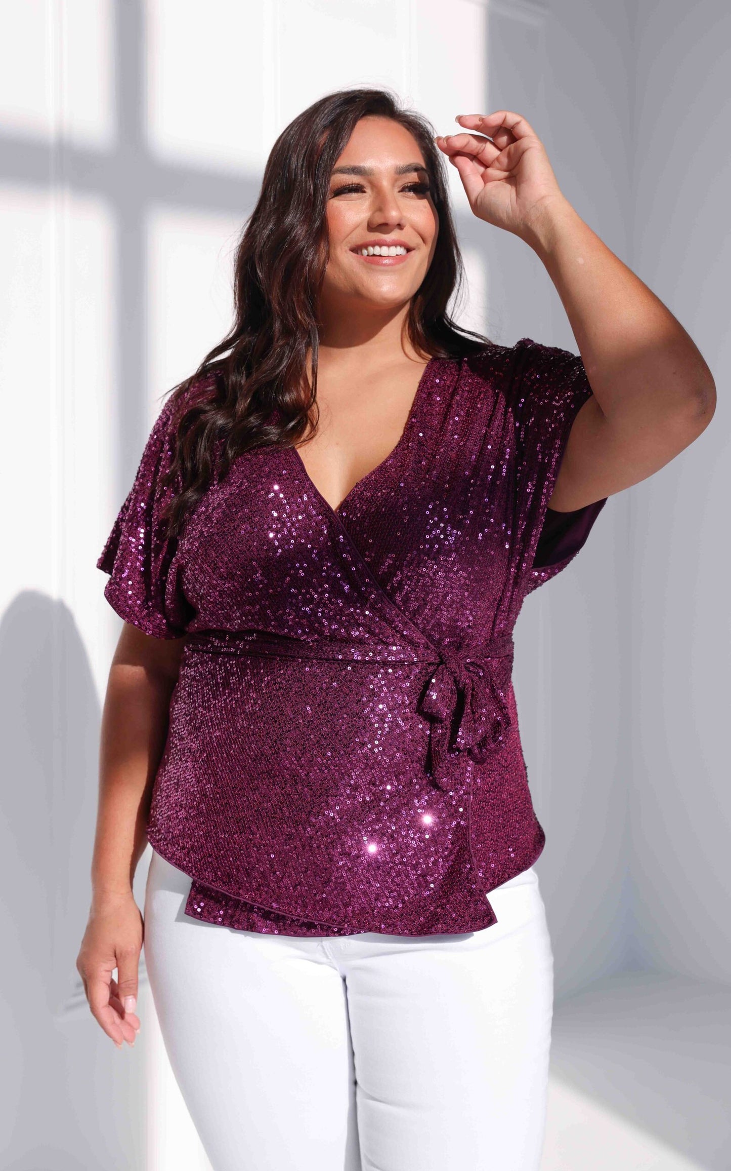 Monaco Sequin Wrap Top - Purple Plum