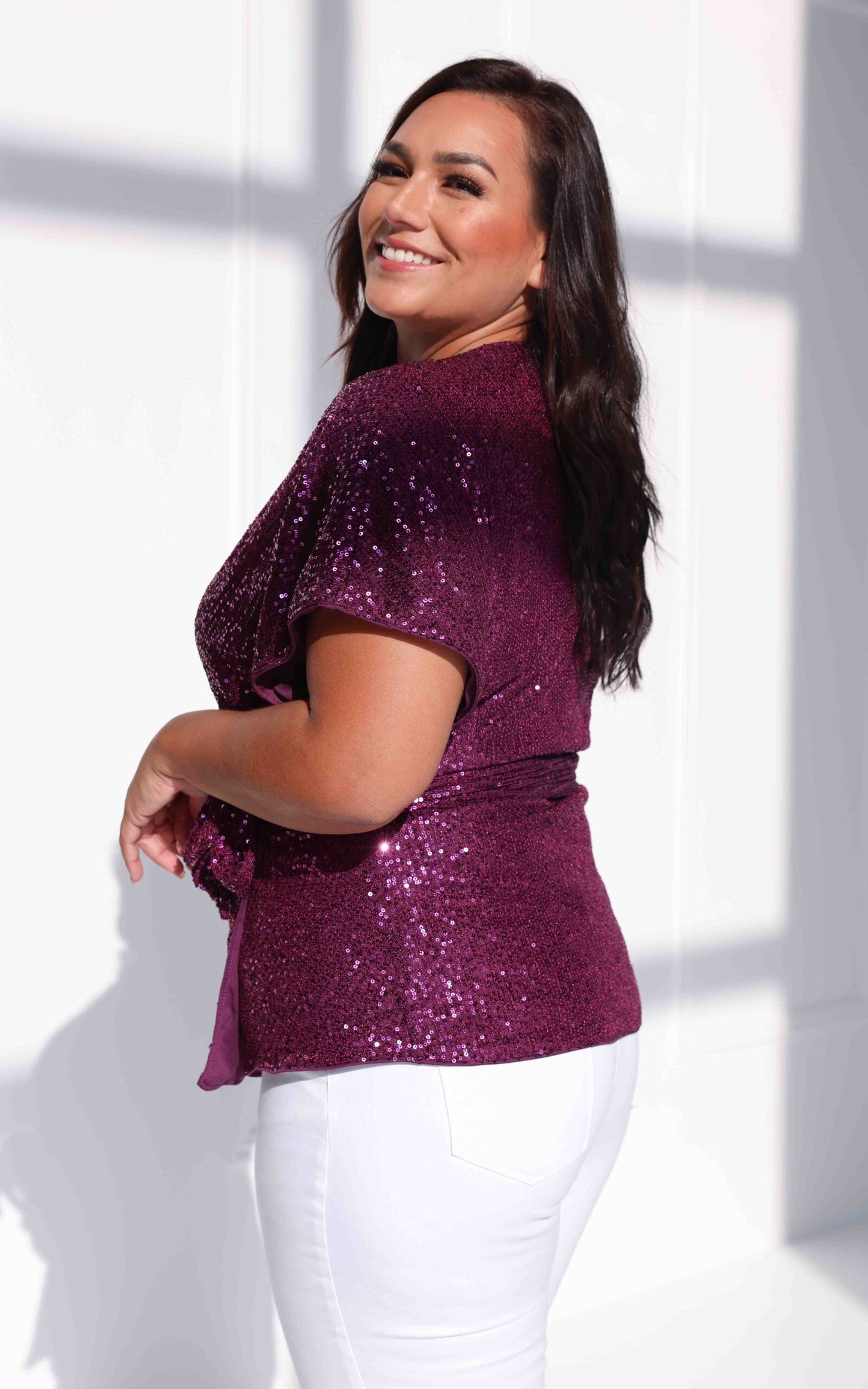 Monaco Sequin Wrap Top - Purple Plum