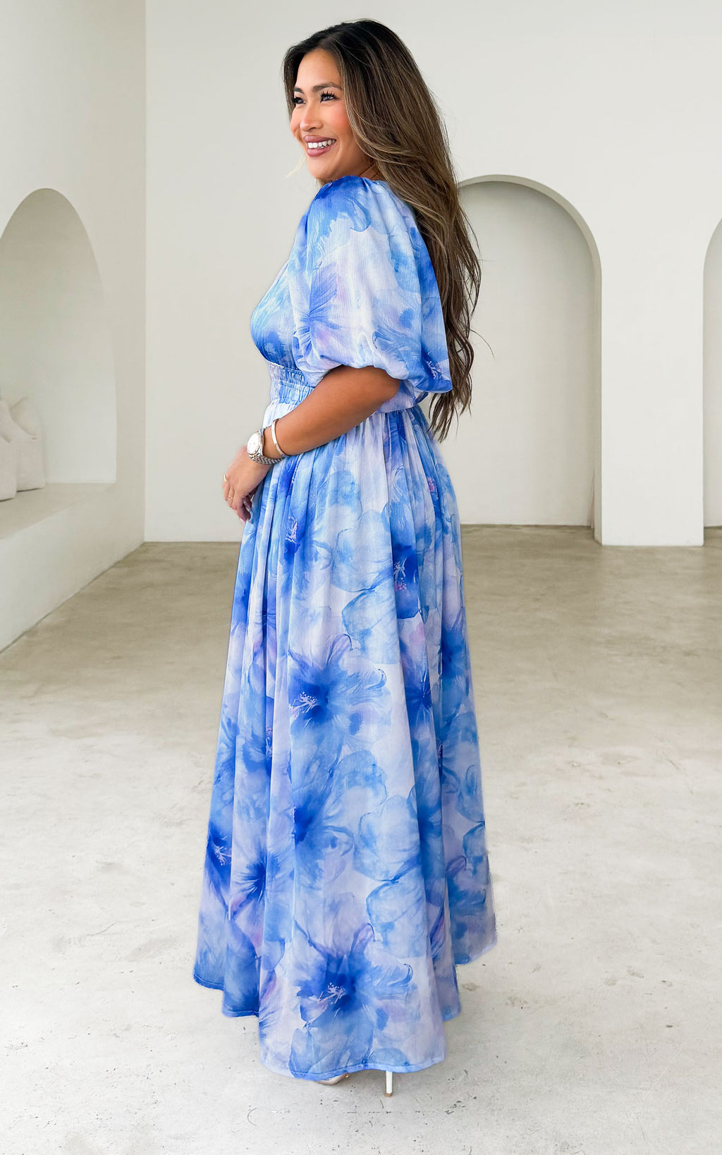 Monique Puff Sleeve Maxi Dress - Blue Floral