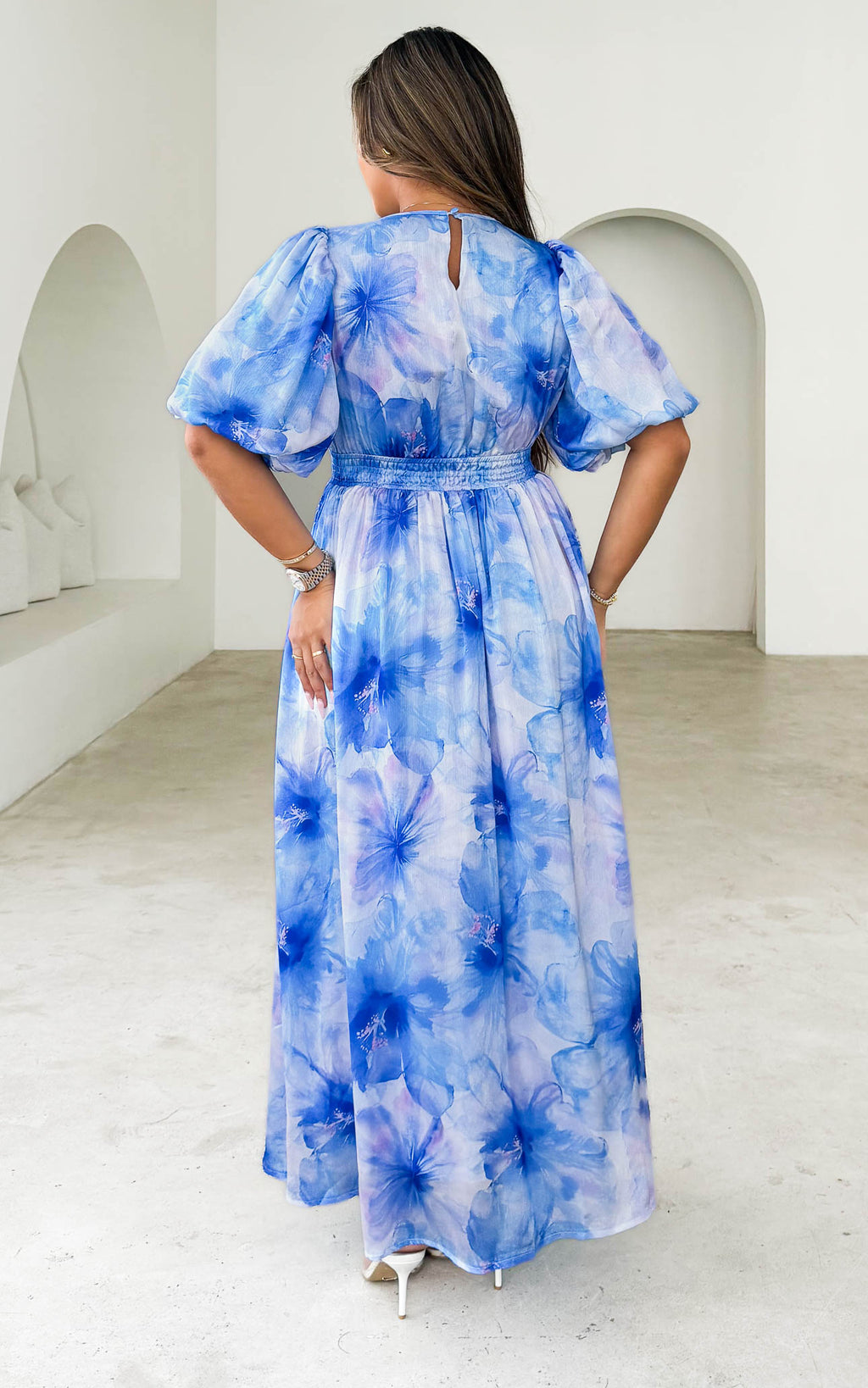 Monique Puff Sleeve Maxi Dress - Blue Floral