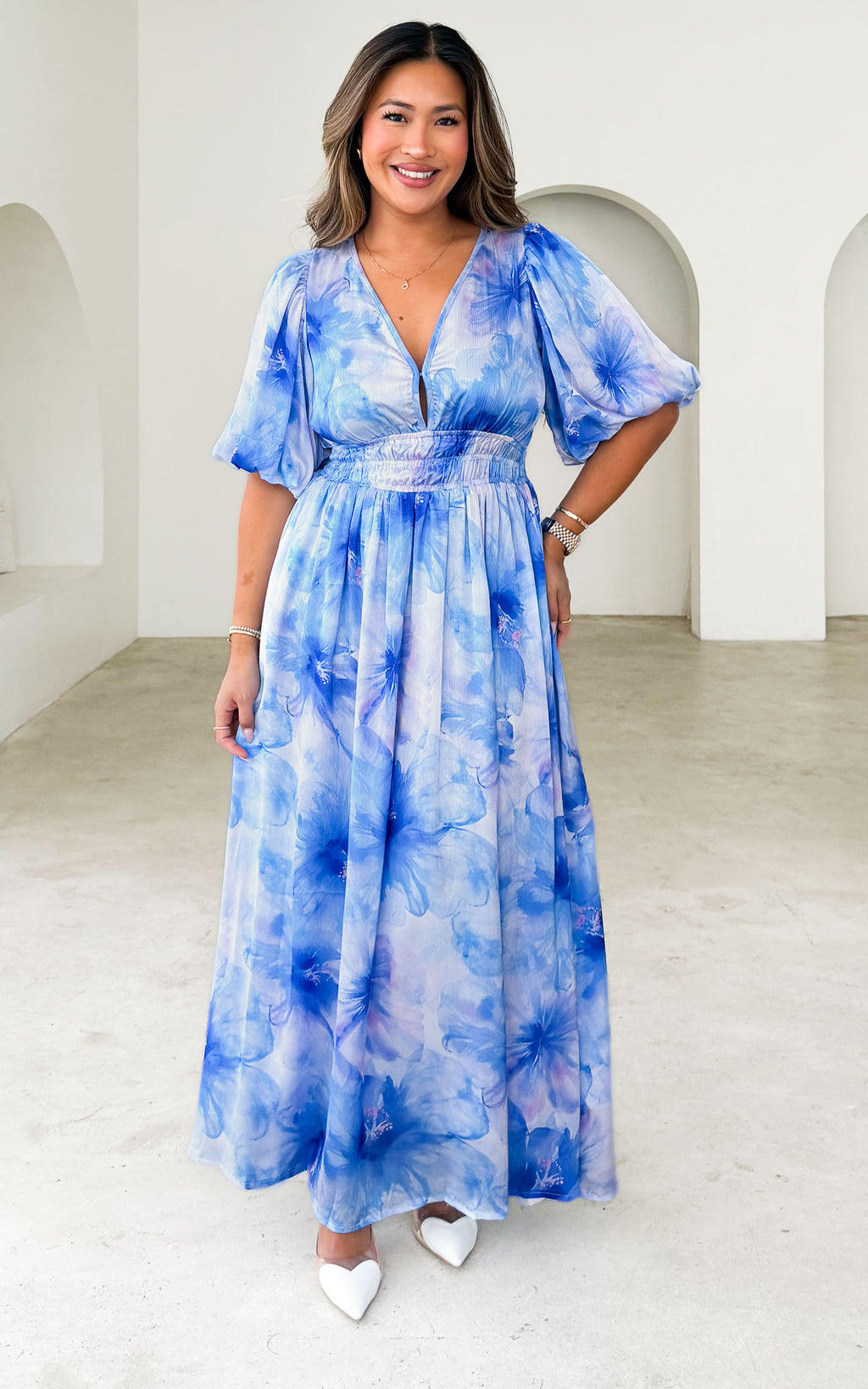 Monique Puff Sleeve Maxi Dress - Blue Floral