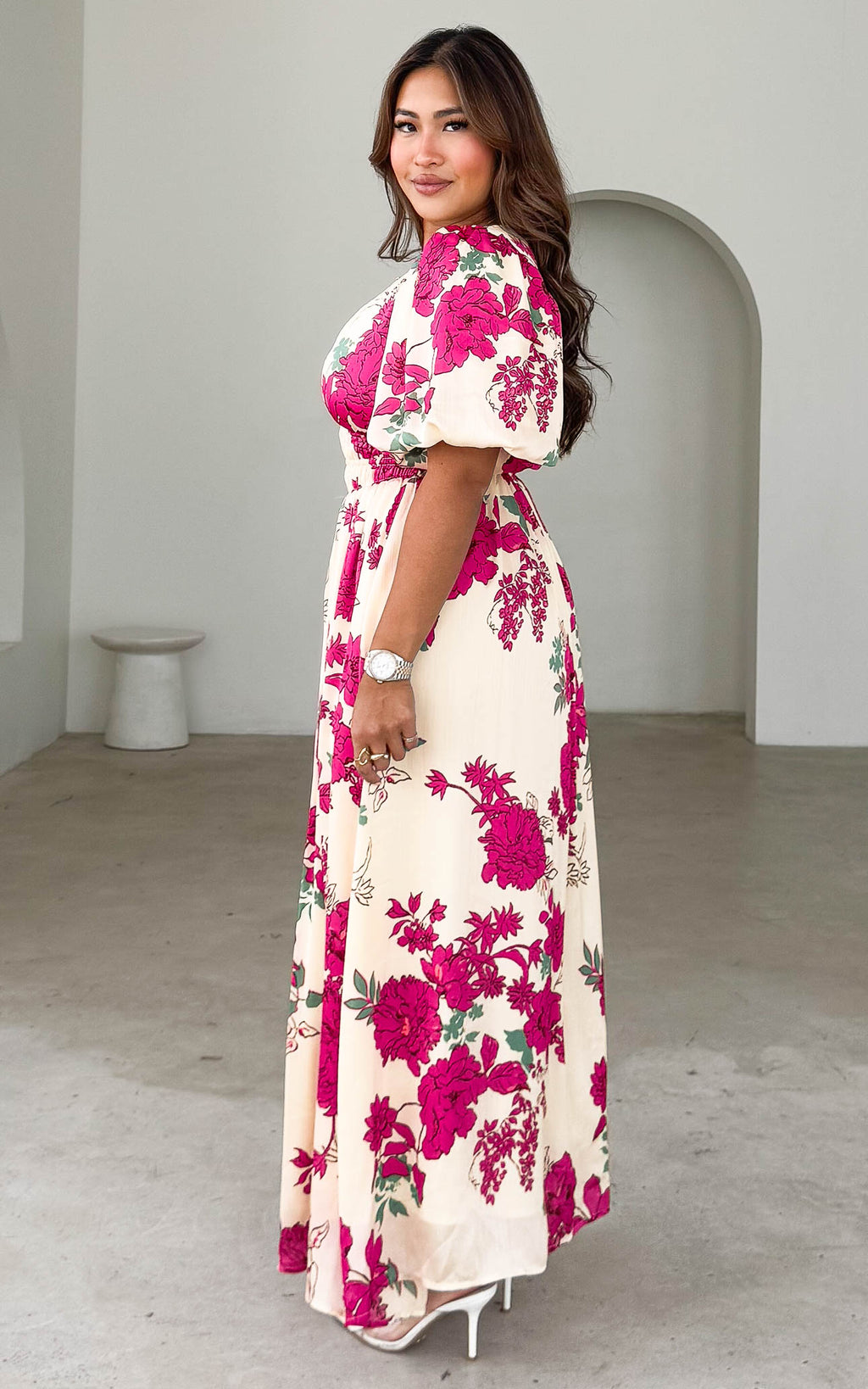 Monique Puff Sleeve Maxi Dress -  Cream Pink Floral
