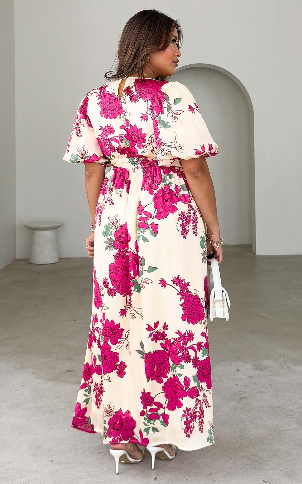 Monique Puff Sleeve Maxi Dress -  Cream Pink Floral