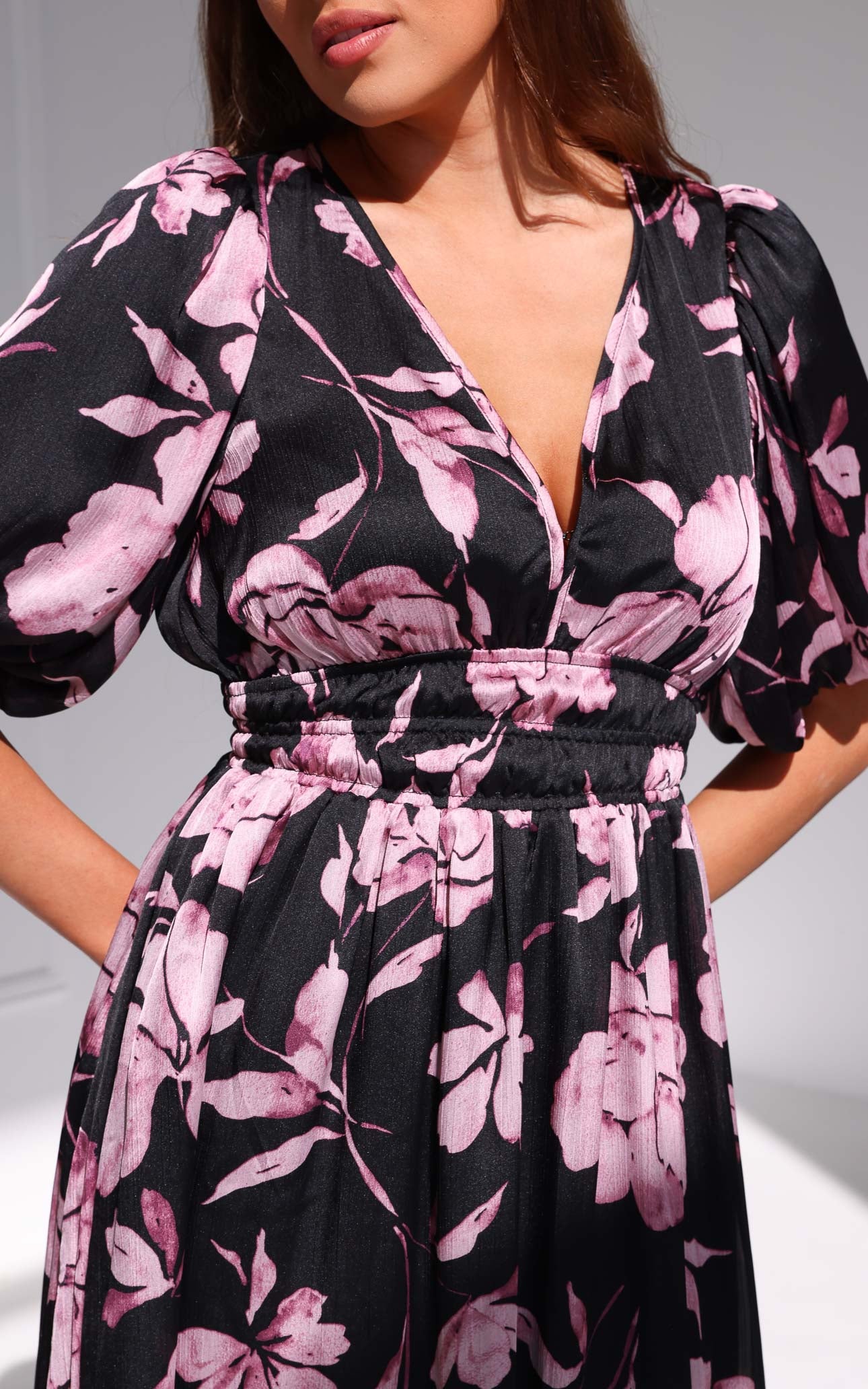 Monique Puff Sleeve Maxi Dress - Black Purple Floral