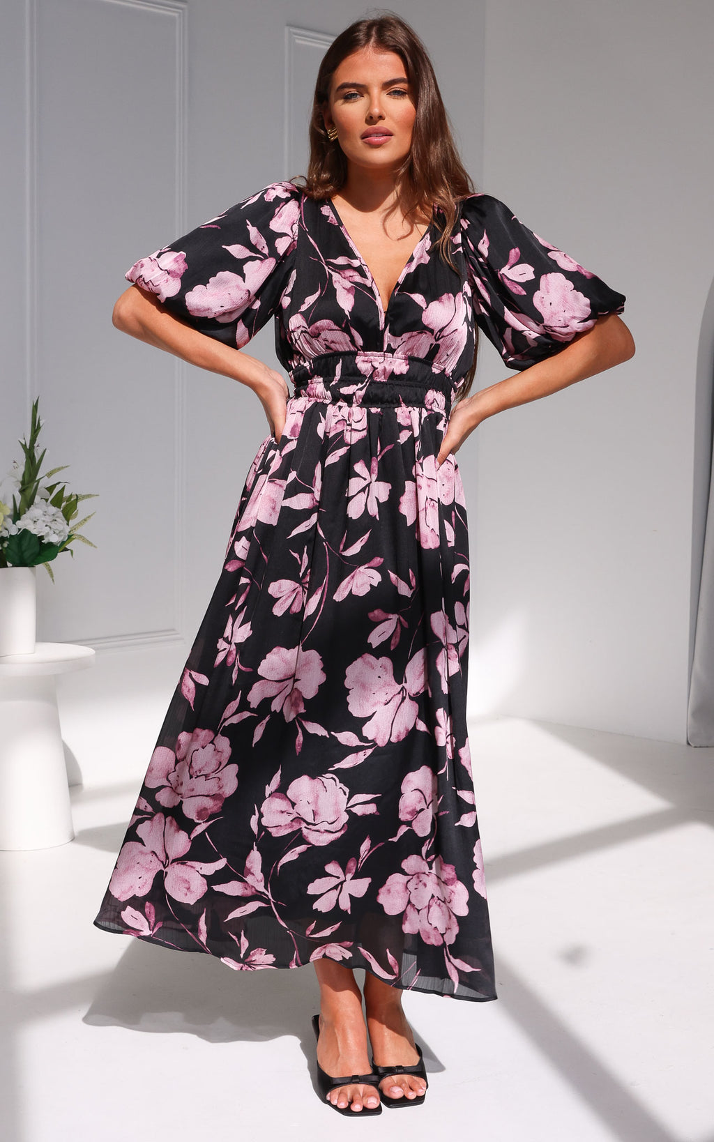 Monique Puff Sleeve Maxi Dress - Black Purple Floral