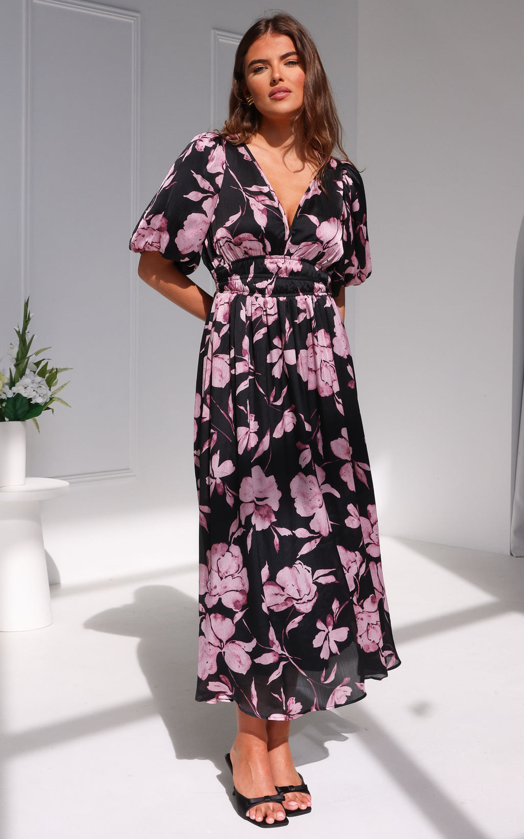 Monique Puff Sleeve Maxi Dress - Black Purple Floral