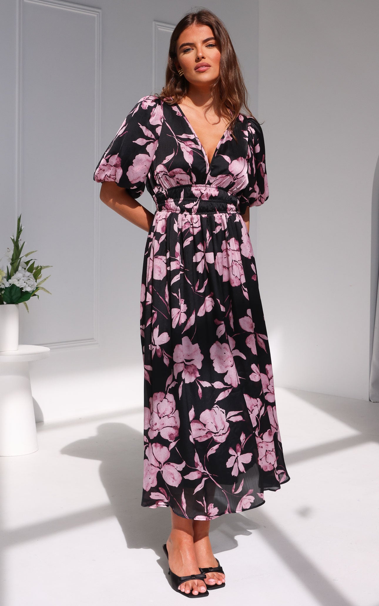 Monique Puff Sleeve Maxi Dress - Black Purple Floral