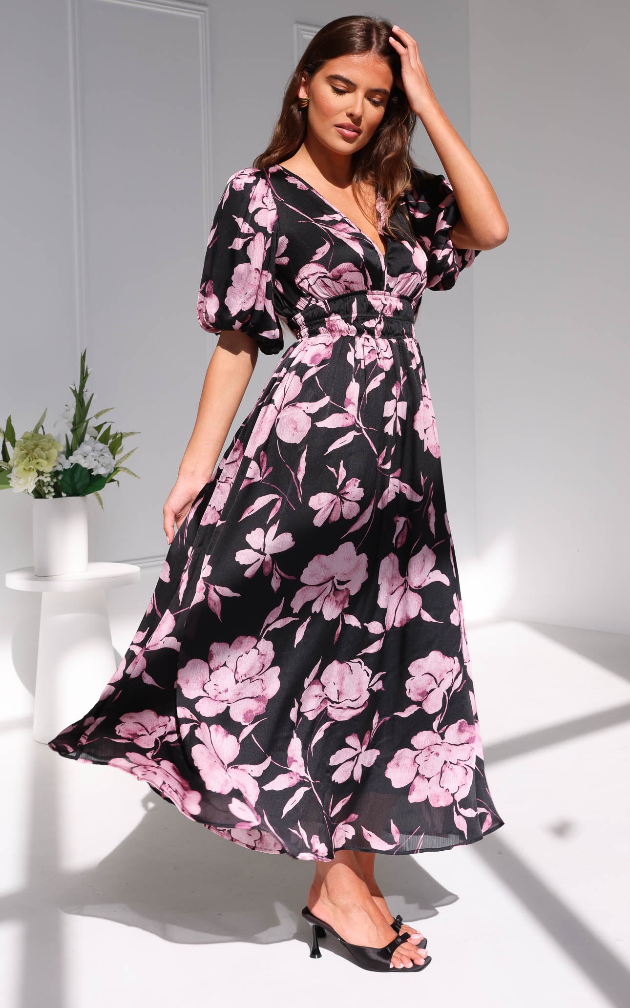 Monique Puff Sleeve Maxi Dress - Black Purple Floral