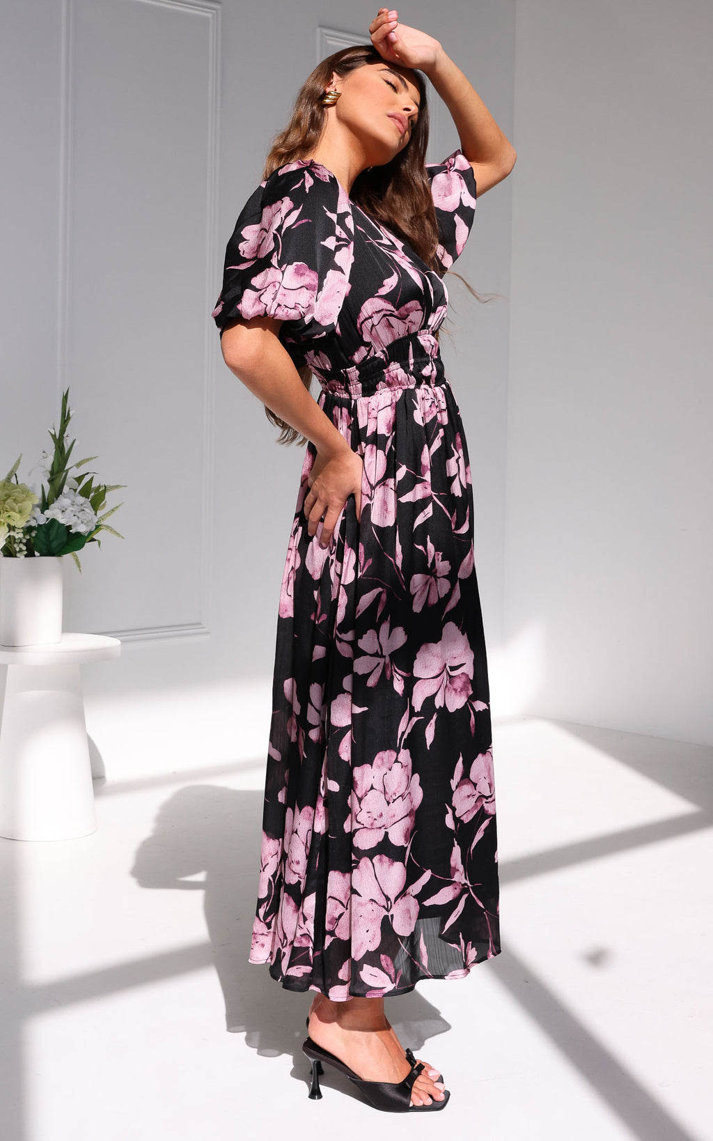 Monique Puff Sleeve Maxi Dress - Black Purple Floral