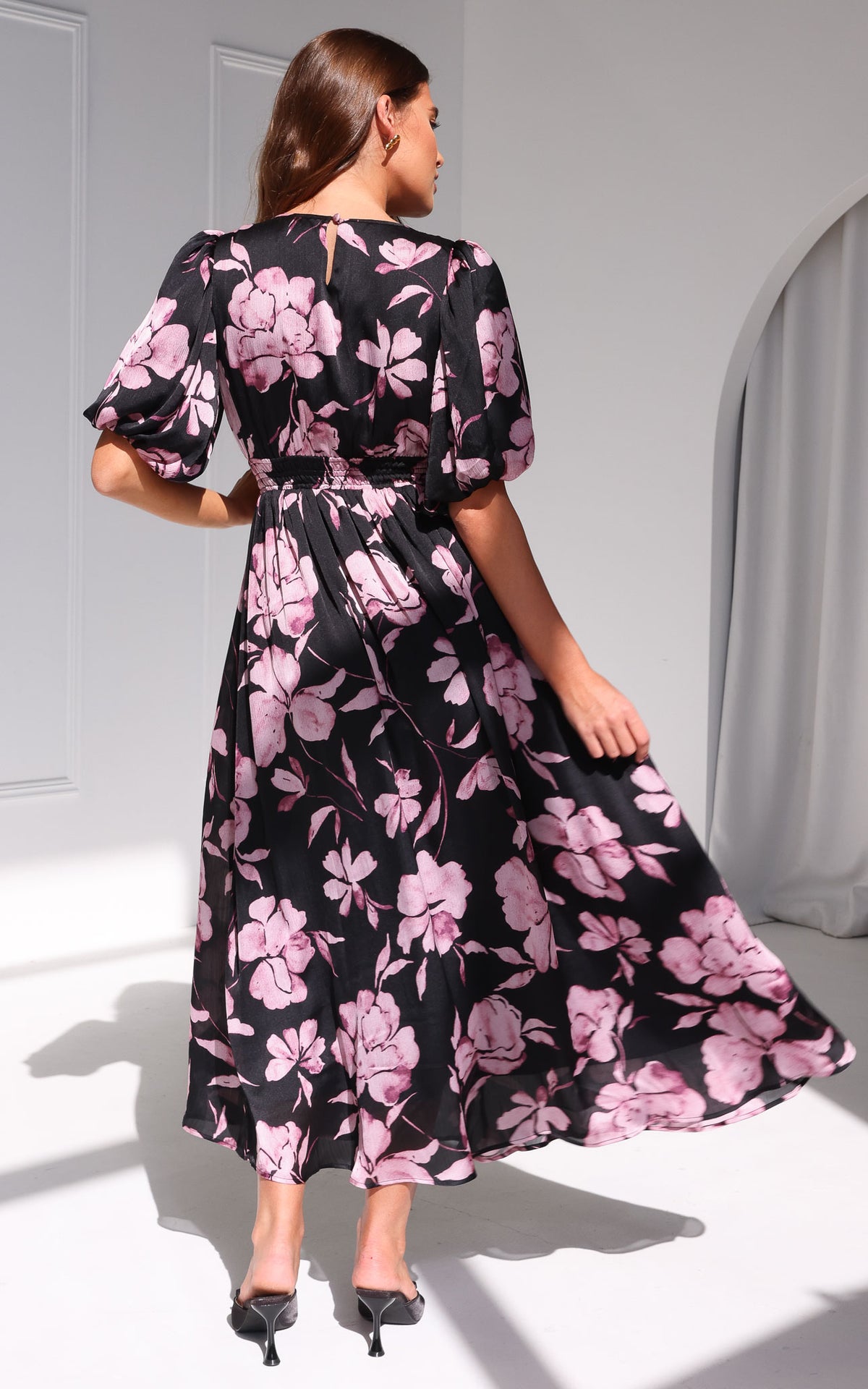 Monique Puff Sleeve Maxi Dress - Black Purple Floral