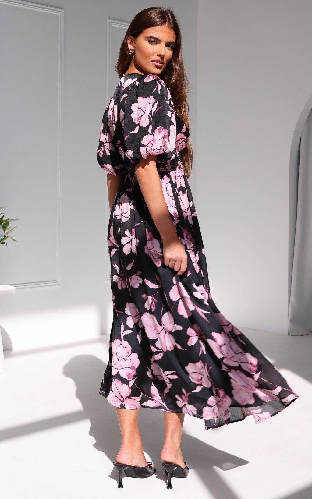 Monique Puff Sleeve Maxi Dress - Black Purple Floral