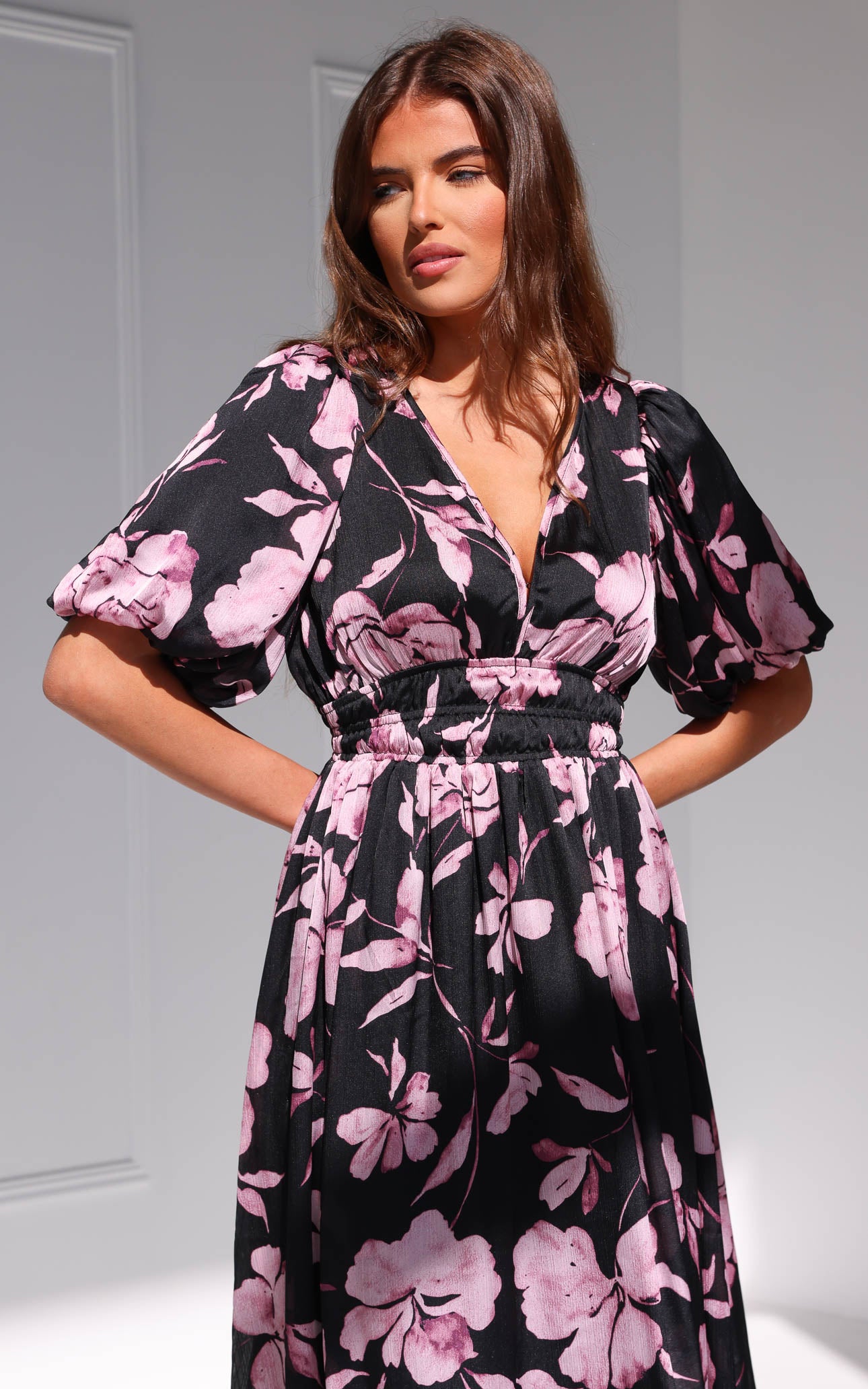 Monique Puff Sleeve Maxi Dress - Black Purple Floral