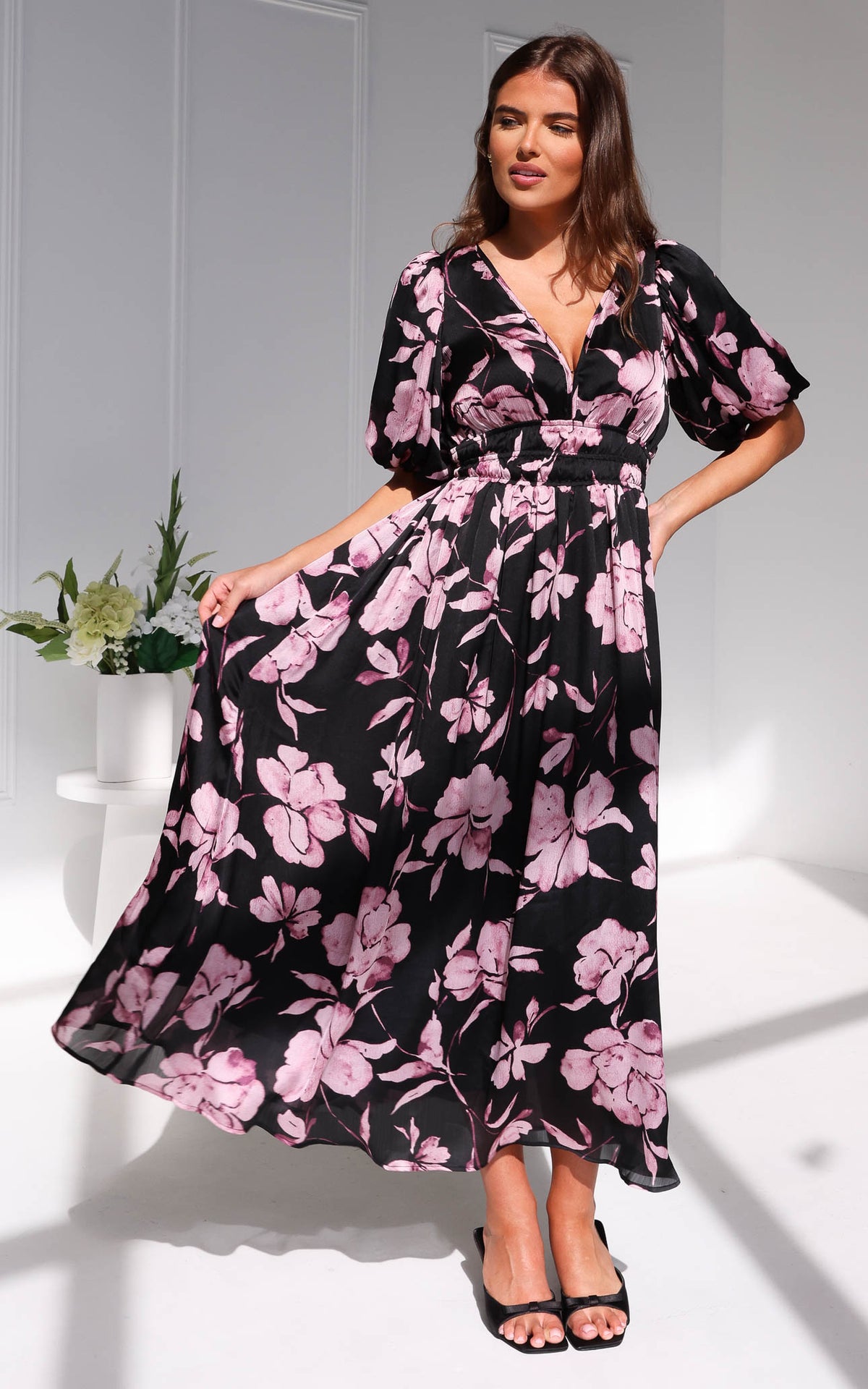 Monique Puff Sleeve Maxi Dress - Black Purple Floral