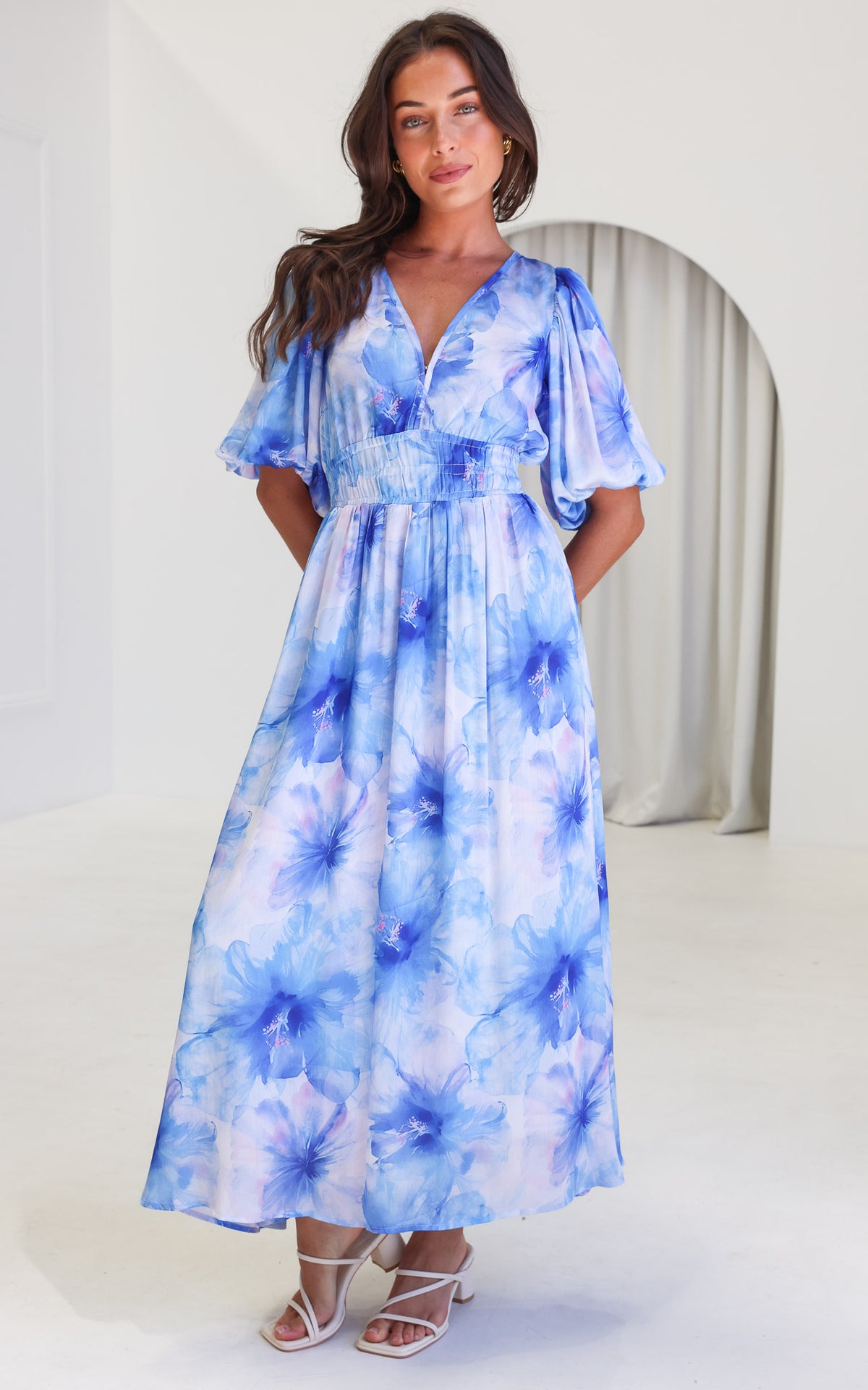 Monique Puff Sleeve Maxi Dress - Blue Floral