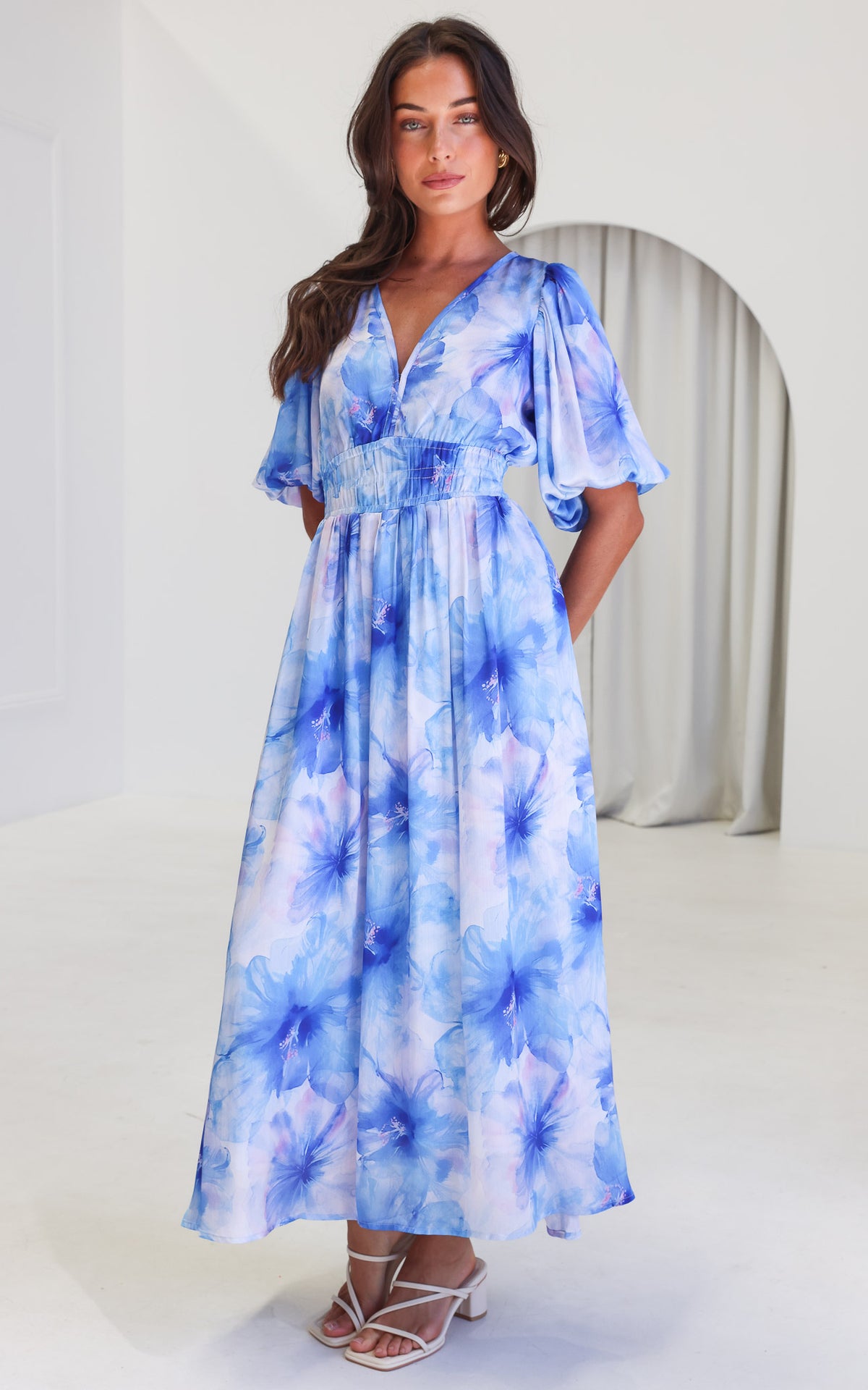 Monique Puff Sleeve Maxi Dress - Blue Floral