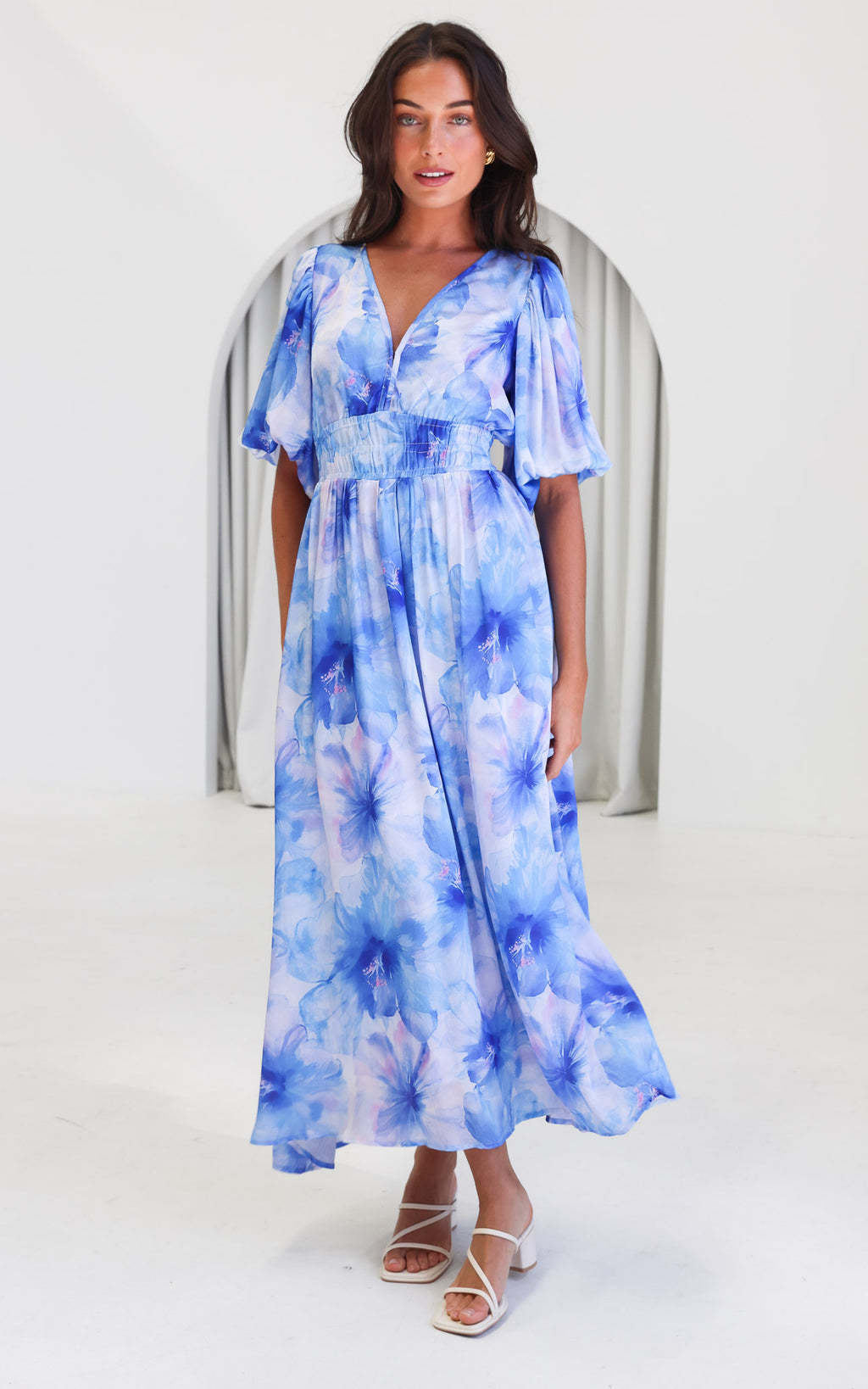 Monique Puff Sleeve Maxi Dress - Blue Floral