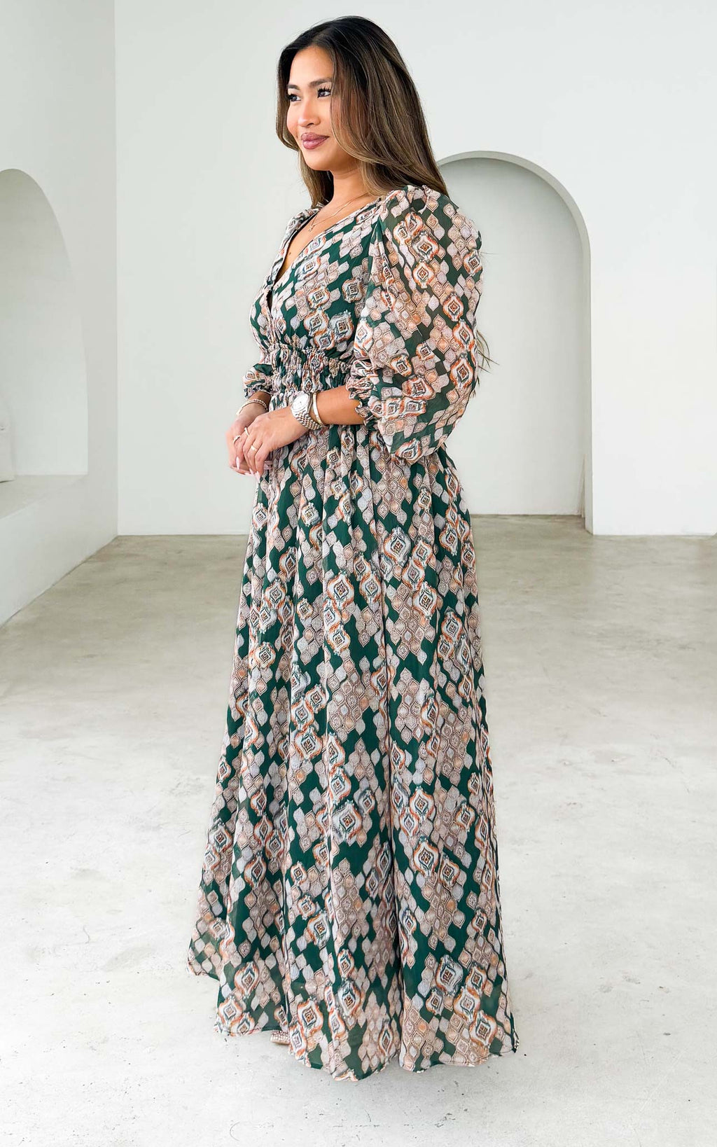 Monique Long Sleeve Maxi Dress - Emerald Gold Print