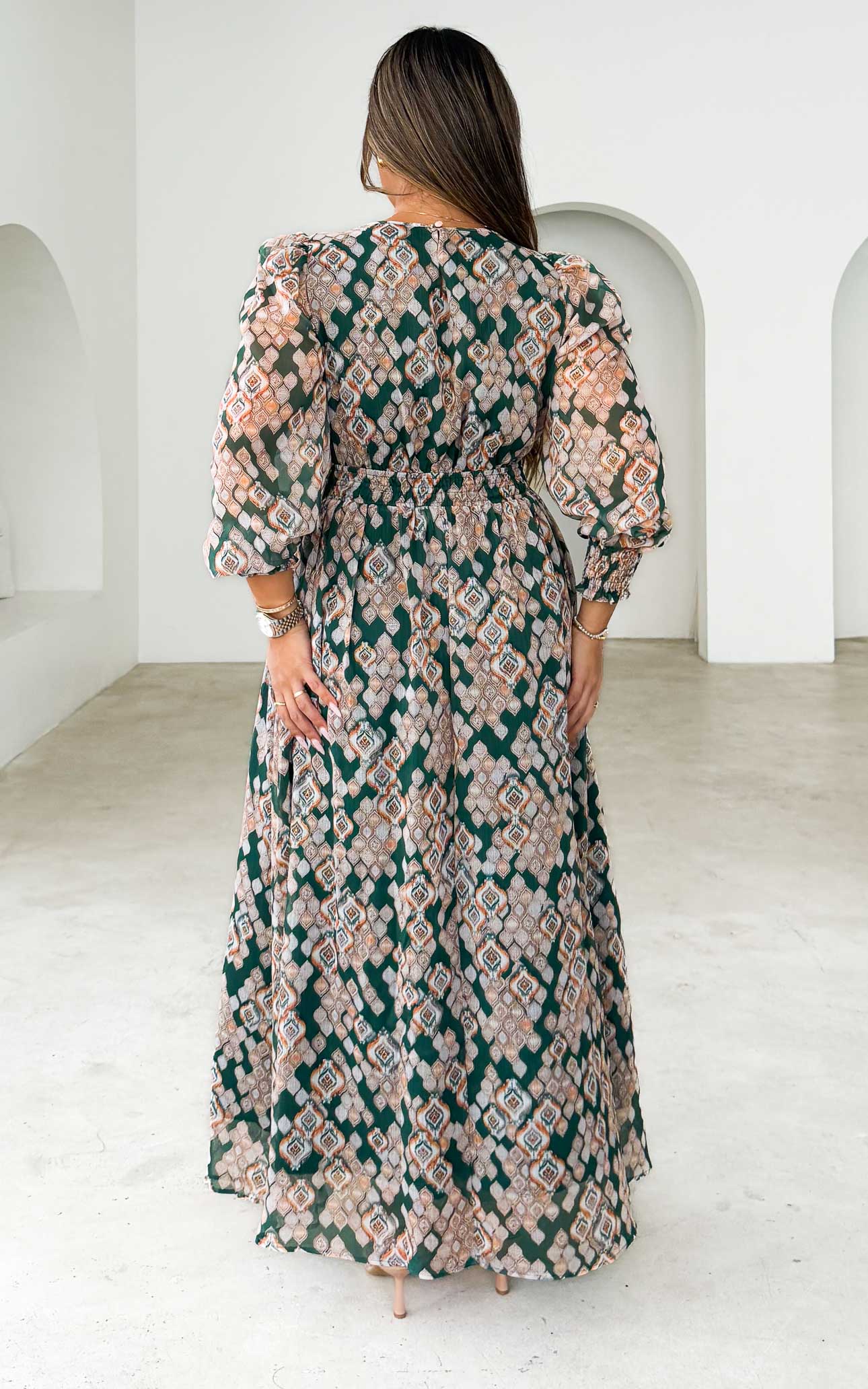 Monique Long Sleeve Maxi Dress - Emerald Gold Print